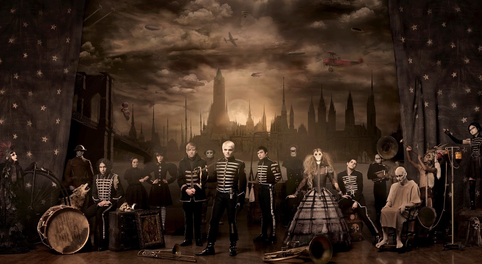 digital, adult, architecture, men, group of people, Music, sitting, indoors, 1080P, mid adult, standing, ray toro, the black parade, chemical, HD Wallpaper