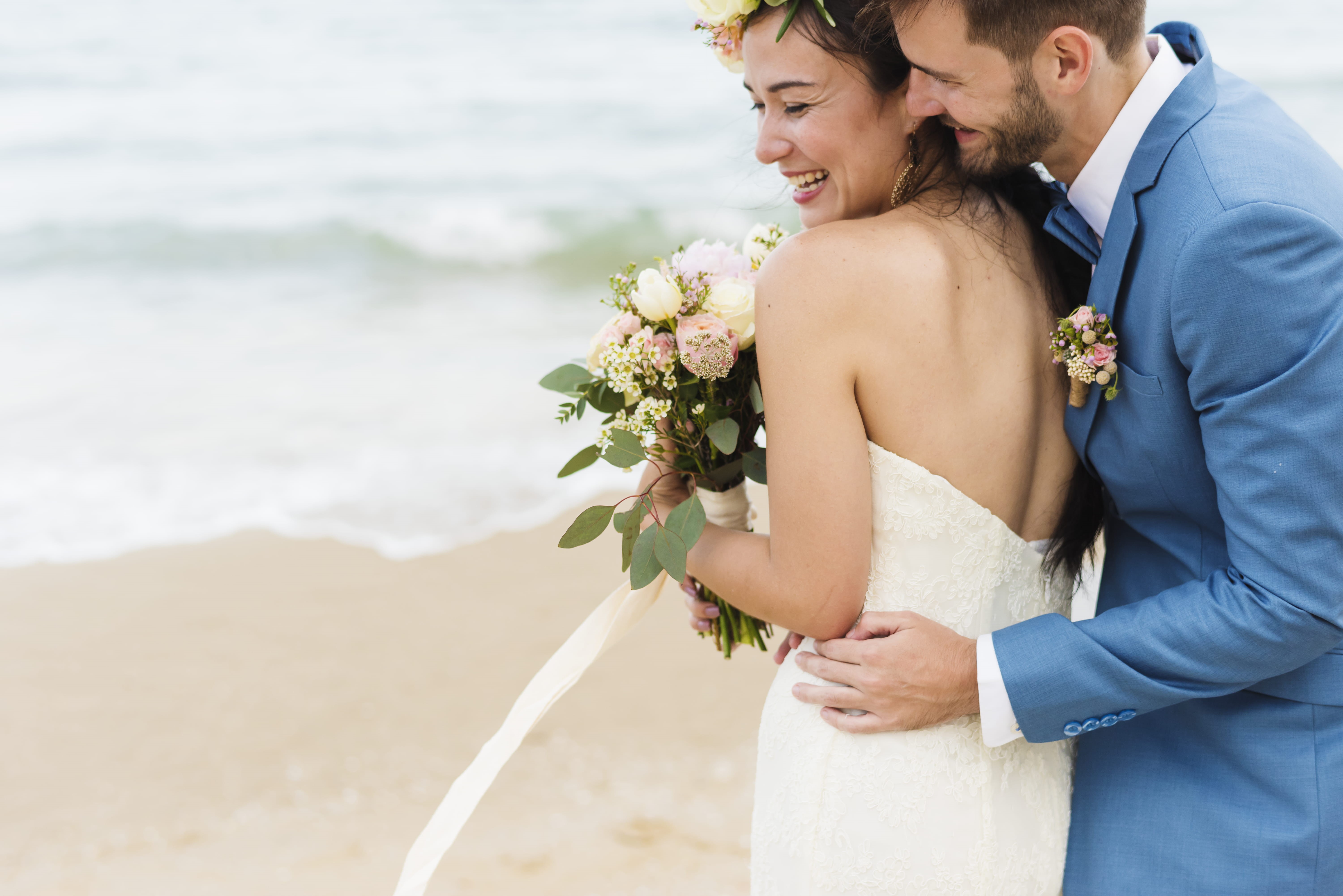 flower arrangement, wedding gown, event, togetherness, love, heterosexual couple, affection, 5K, water, romance, photoshoot, happiness, suit, bride, bridal, HD Wallpaper