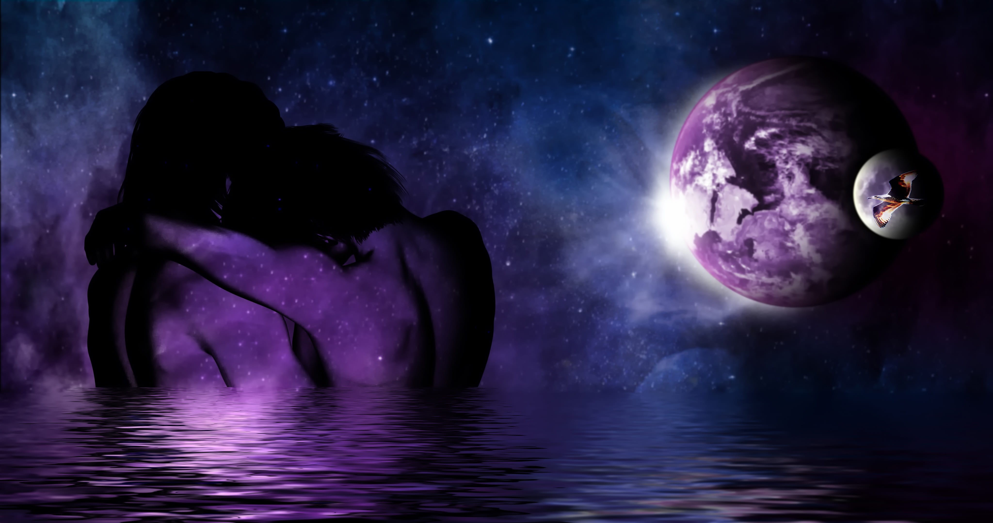 mystery, love, planet, dark, illuminated, galaxy, romance, rotating, digital composite, water, couple, valentines day, blue, purple, space, space exploration, HD Wallpaper