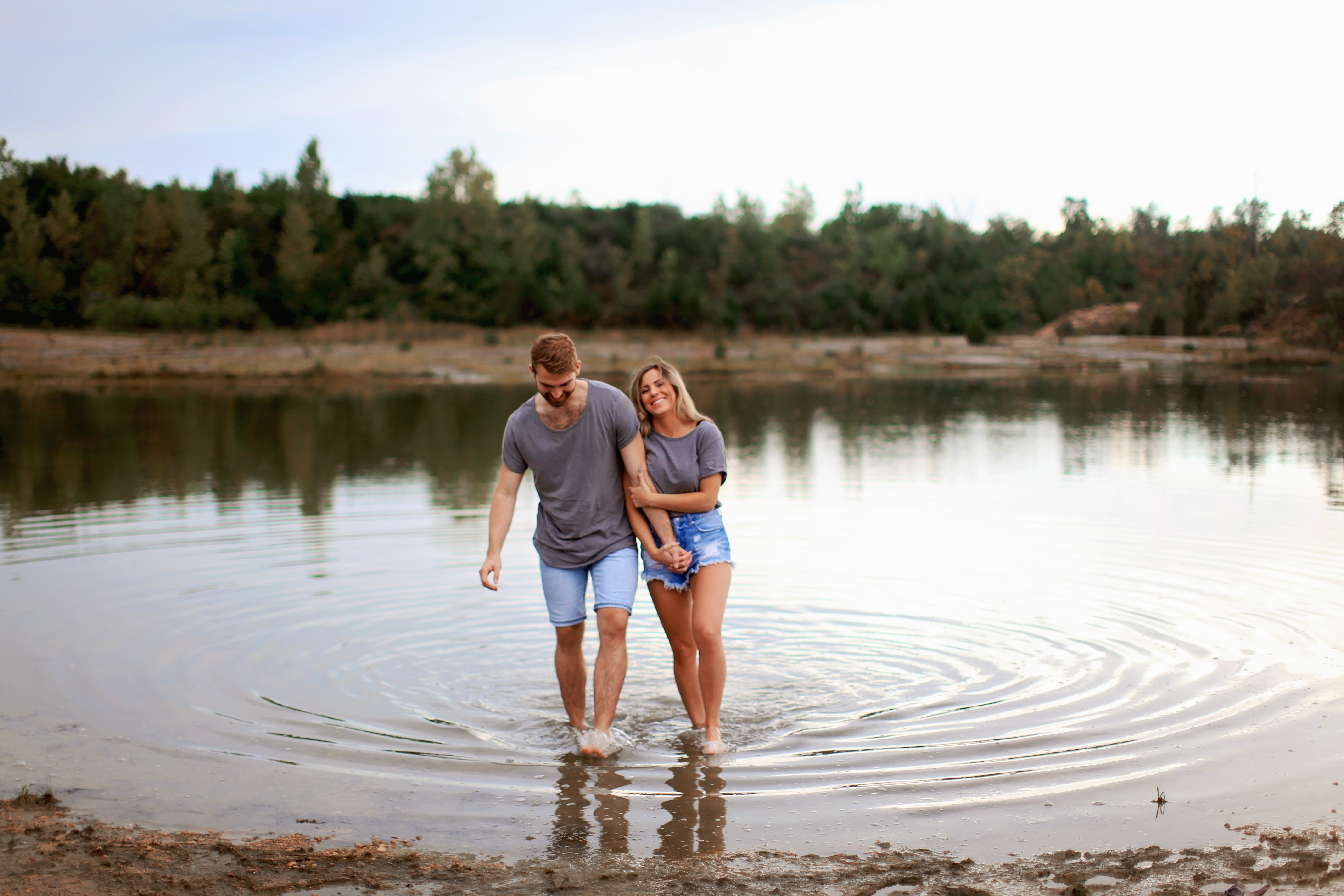 husband, water, blond hair, young adult, romance, men, leisure activity, smiling, affection, woman, couple, lake, day, young men, long hair, grey, wearing, HD Wallpaper