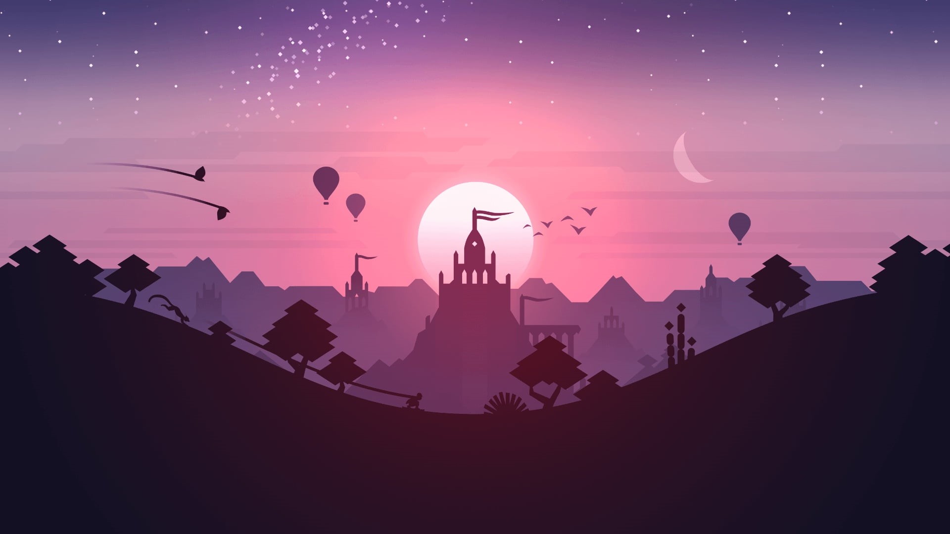 Games, Landscape, Hill, Aerostatic balloons, Stars, iOS, Temple, Altos Odyssey, Noodlecake Studios Inc, Adventure, Dunes, Purple, Sunset, Android, 1080P, HD Wallpaper