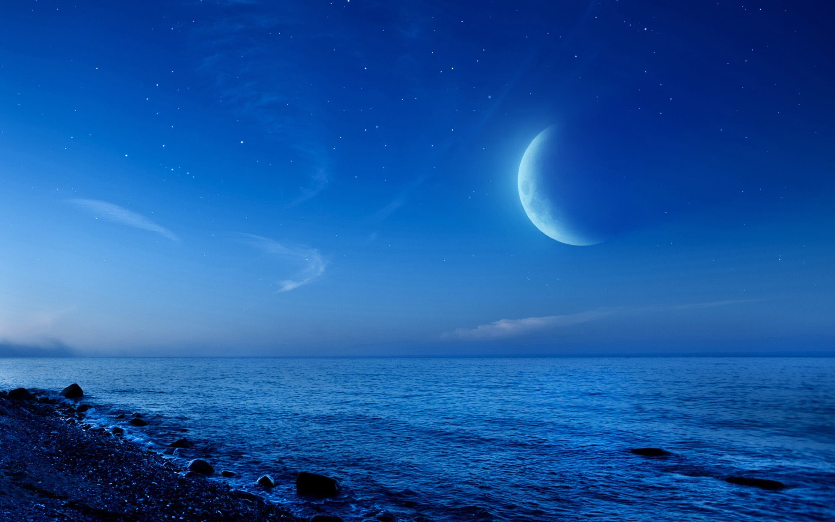 art, scenics - nature, moonlight, water, blue, tranquility, horizon, space, Moon, full moon, astronomy, cloud - sky, night, land, no people, sea, digital, HD Wallpaper