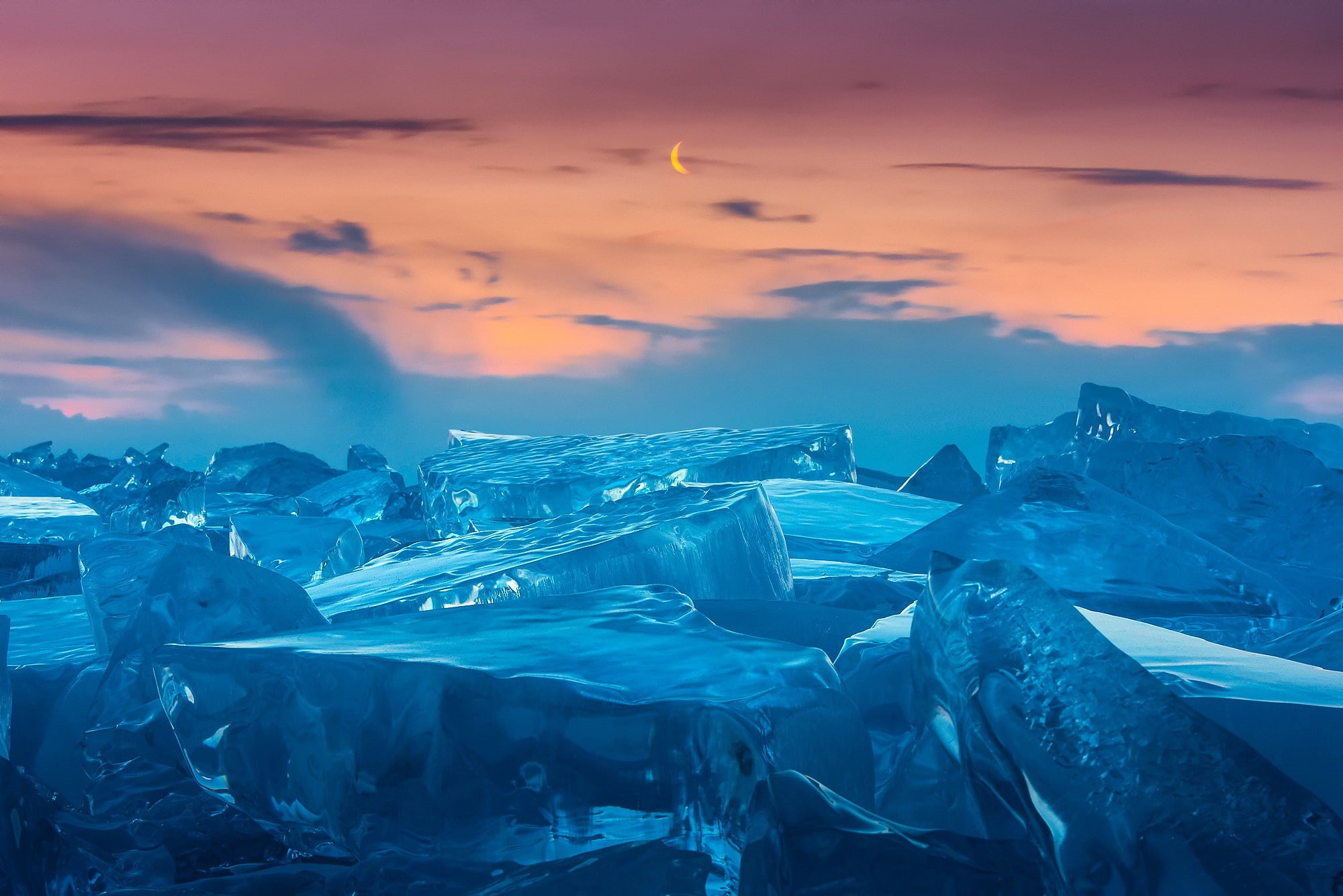 moon, crescent, lake, sky, Lake Baikal, winter, ice, baikal, 1080P, HD Wallpaper