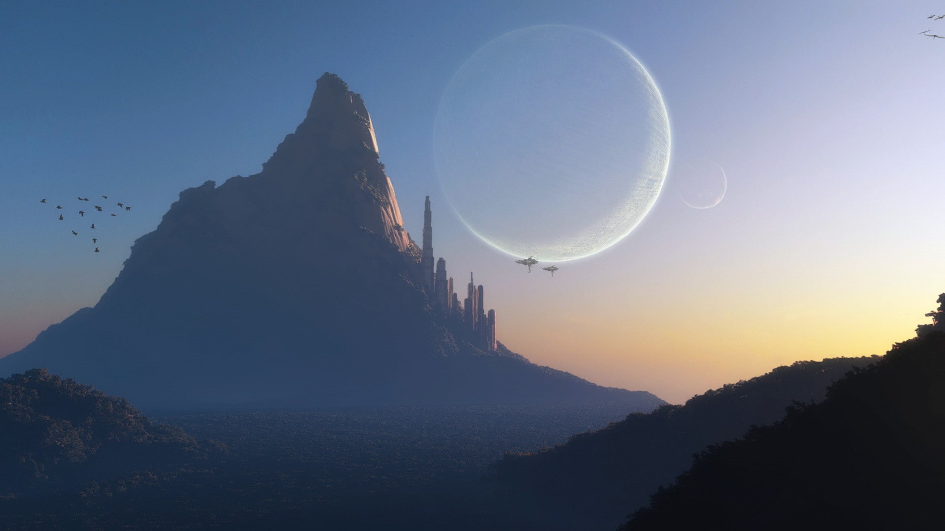 crescent, astronomy, illustration, science fiction, clear sky, no people, water, 1080P, silhouette, scenics - nature, mountain, outdoors, tranquility, HD Wallpaper