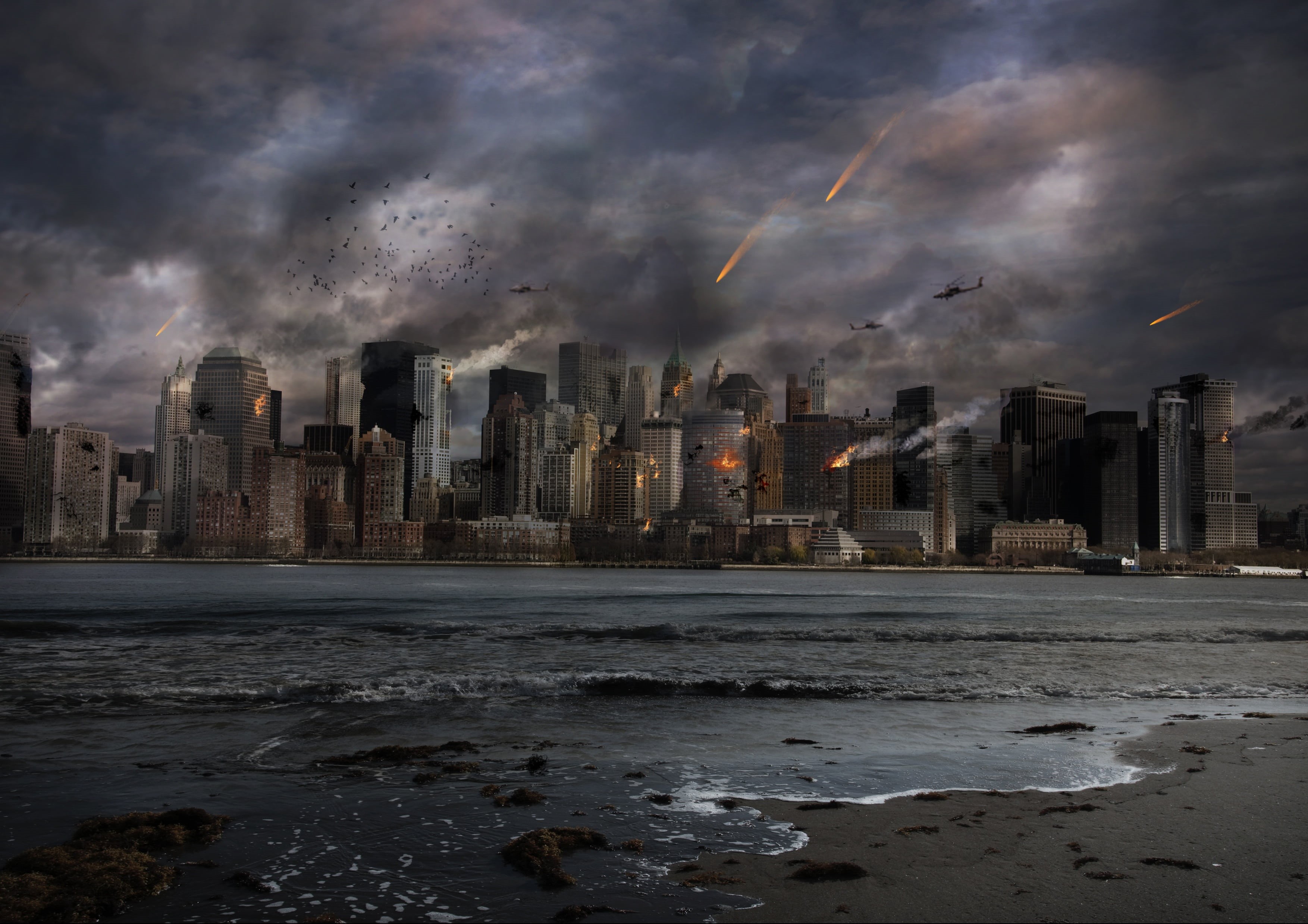 emotions, architecture, fire, building, nuclear, raining, financial district, apocalypse, dusk, sea, nature, built structure, place, no people, outdoors, HD Wallpaper