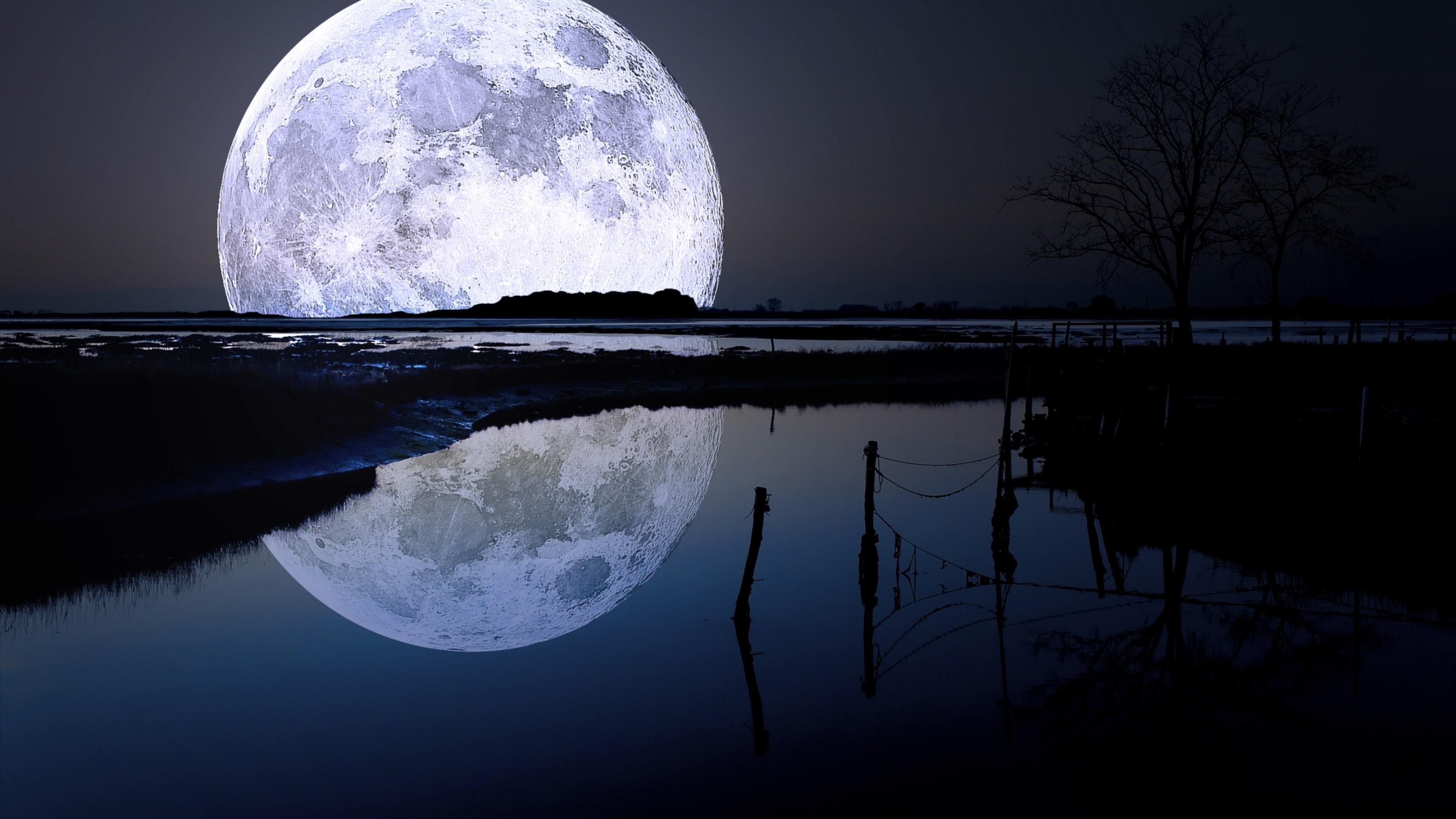 super moon, night sky, full moon, lake, phenomenon, supermoon, moon, moonlight, night, 4K, reflected, fullmoon, reflection, HD Wallpaper