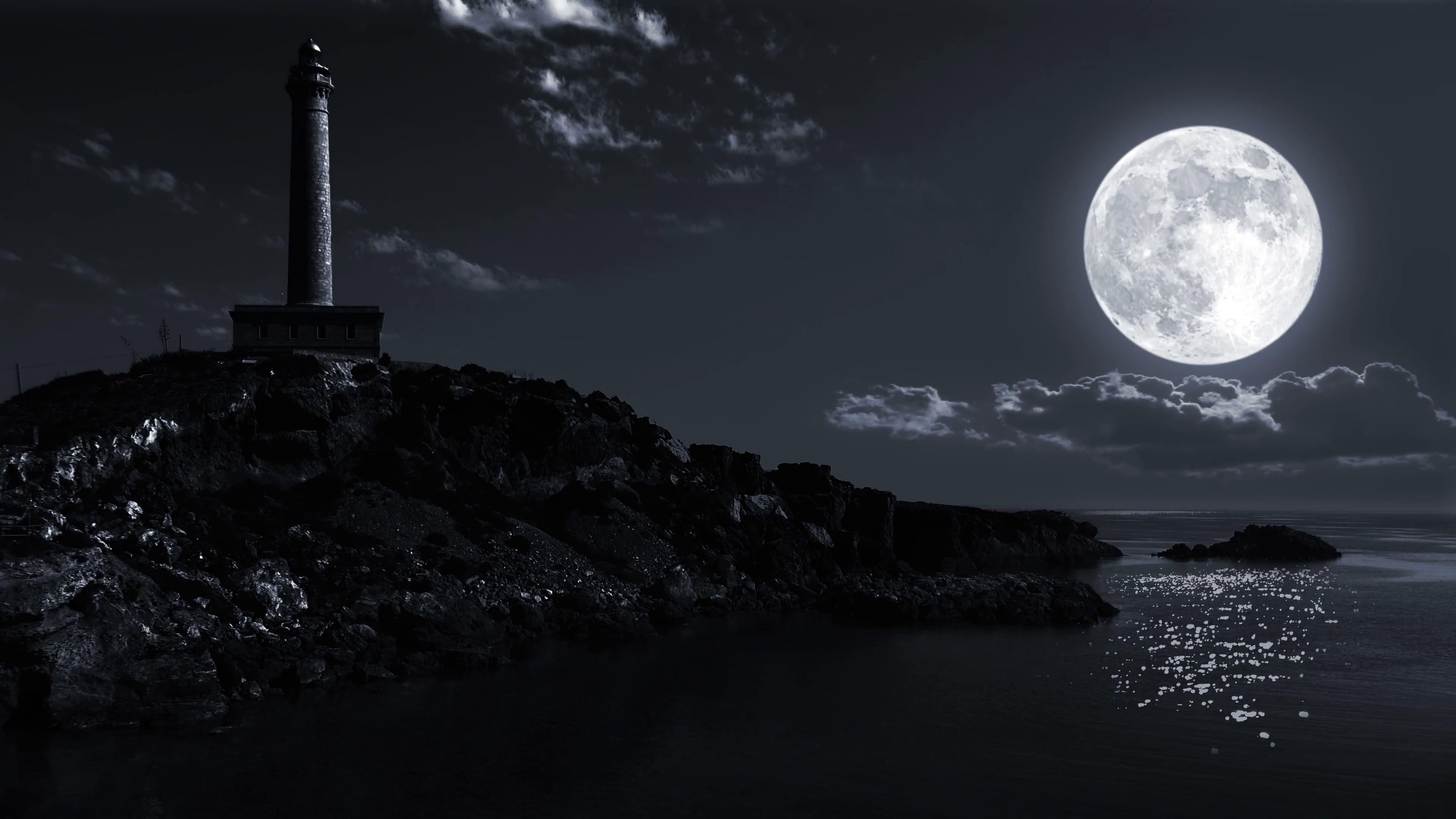 water, reflection, phenomenon, super moon, darkness, full moon, lighthouse, landscape, monochrome, moonlight, supermoon, seascape, photography, black and white, HD Wallpaper