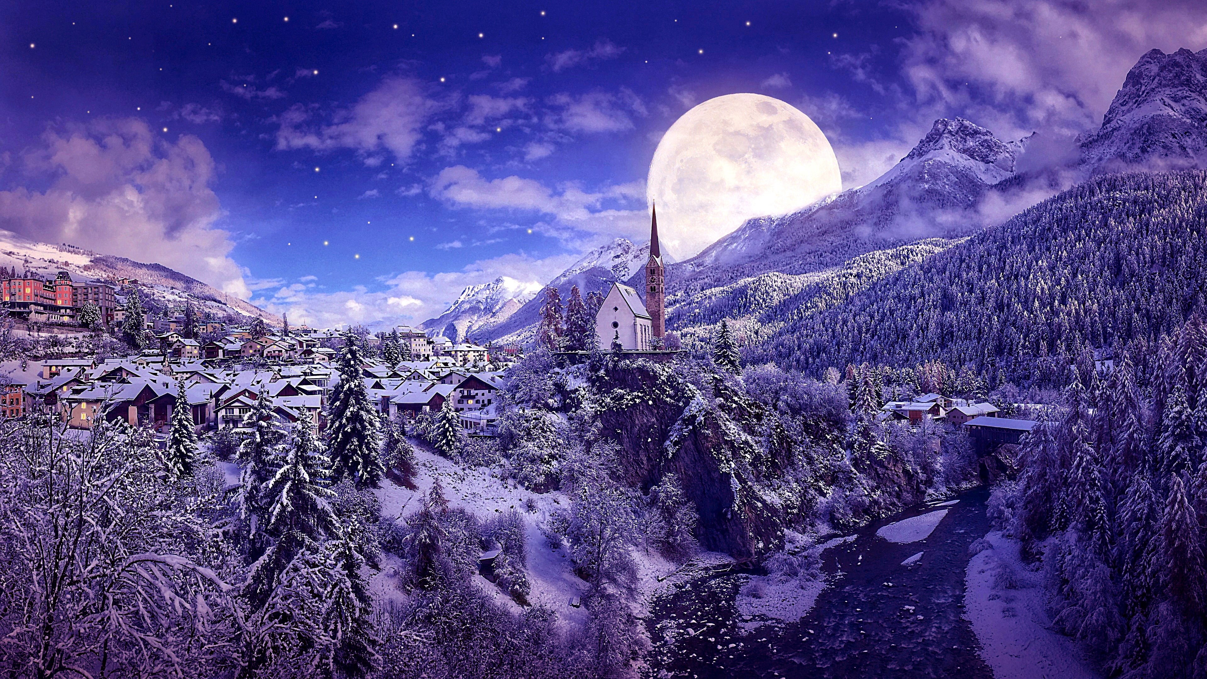 full moon, purple, sky, supermoon, landscape, river, moon, tree, church, winter, night time, mountain, nature, village, 4K, snow, mountain village, stars, HD Wallpaper