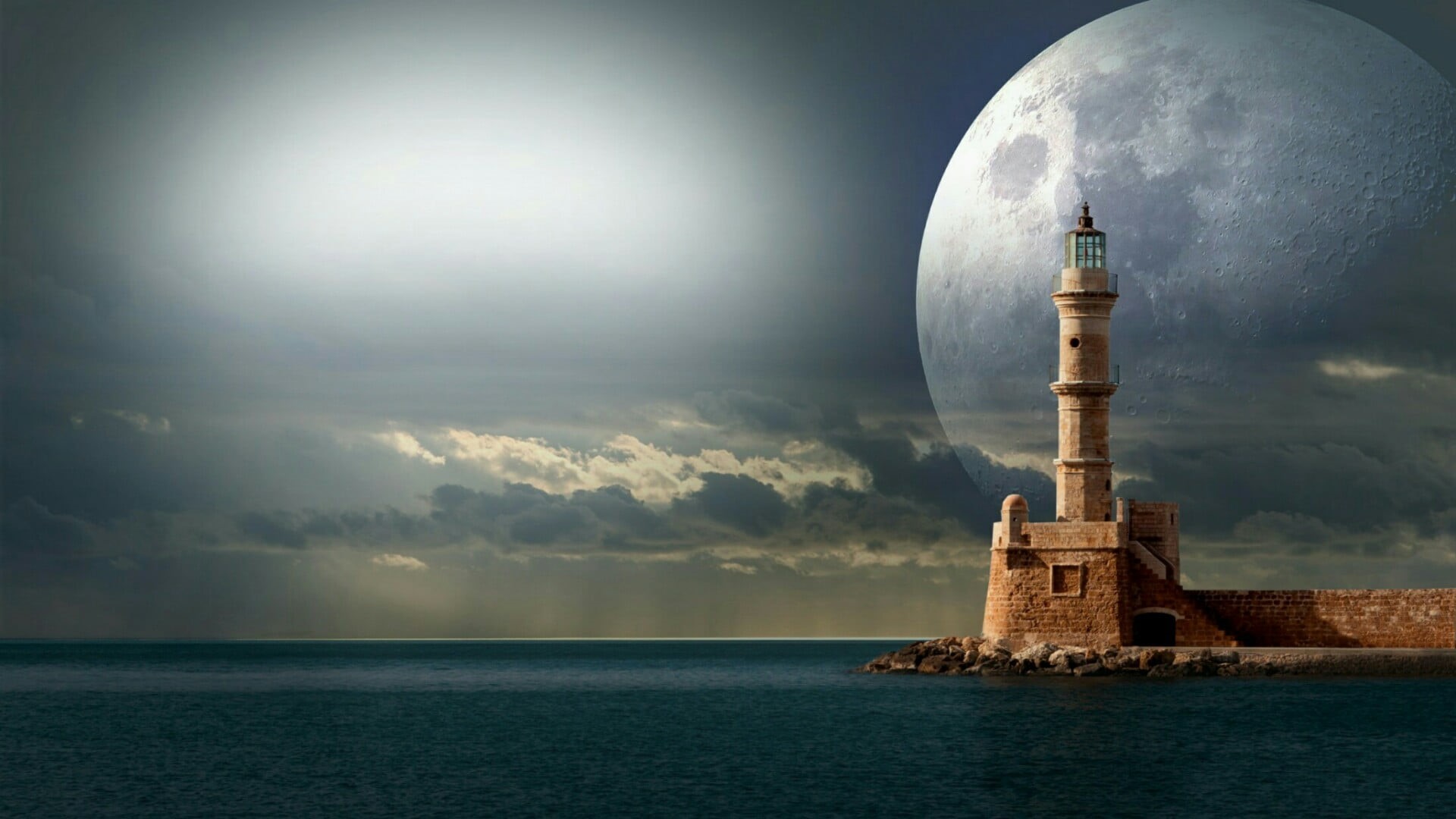 scenics - nature, cloud - sky, sea, phenomenon, beauty in nature, calm, waterfront, lighthouse, full moon, nature, 1080P, no people, built structure, horizon, HD Wallpaper