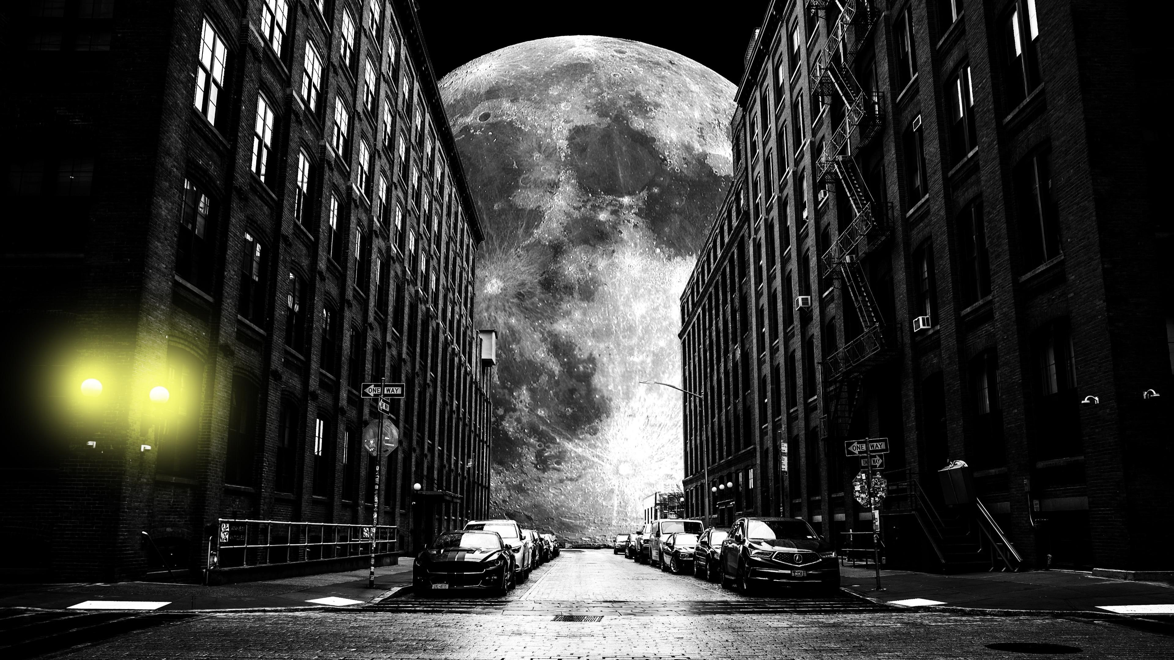 street light, city, street, fantasy city, sky, fantasy art, supermoon, parking, darkness, black and white, cars, light, 4K, streetlight, night, buildings, HD Wallpaper