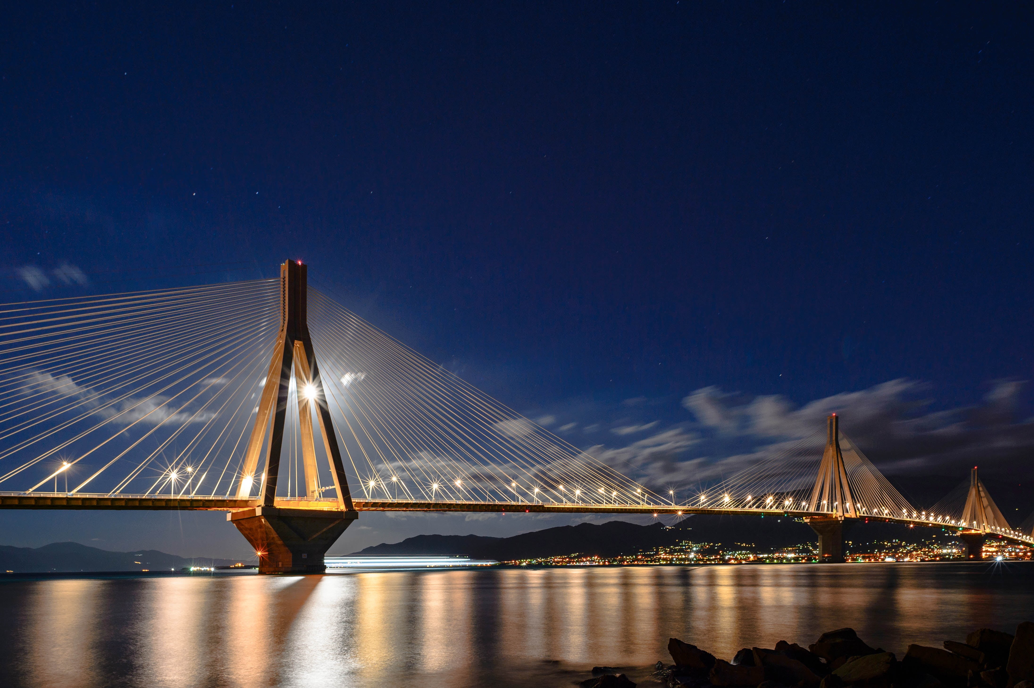 Ρίου, photography, blue, Peloponnisos, long exposure, ke, GR, light, 4K, famous Place, cityscape, bridge - Man Made Structure, Ellada, full moon, suspension Bridge, HD Wallpaper