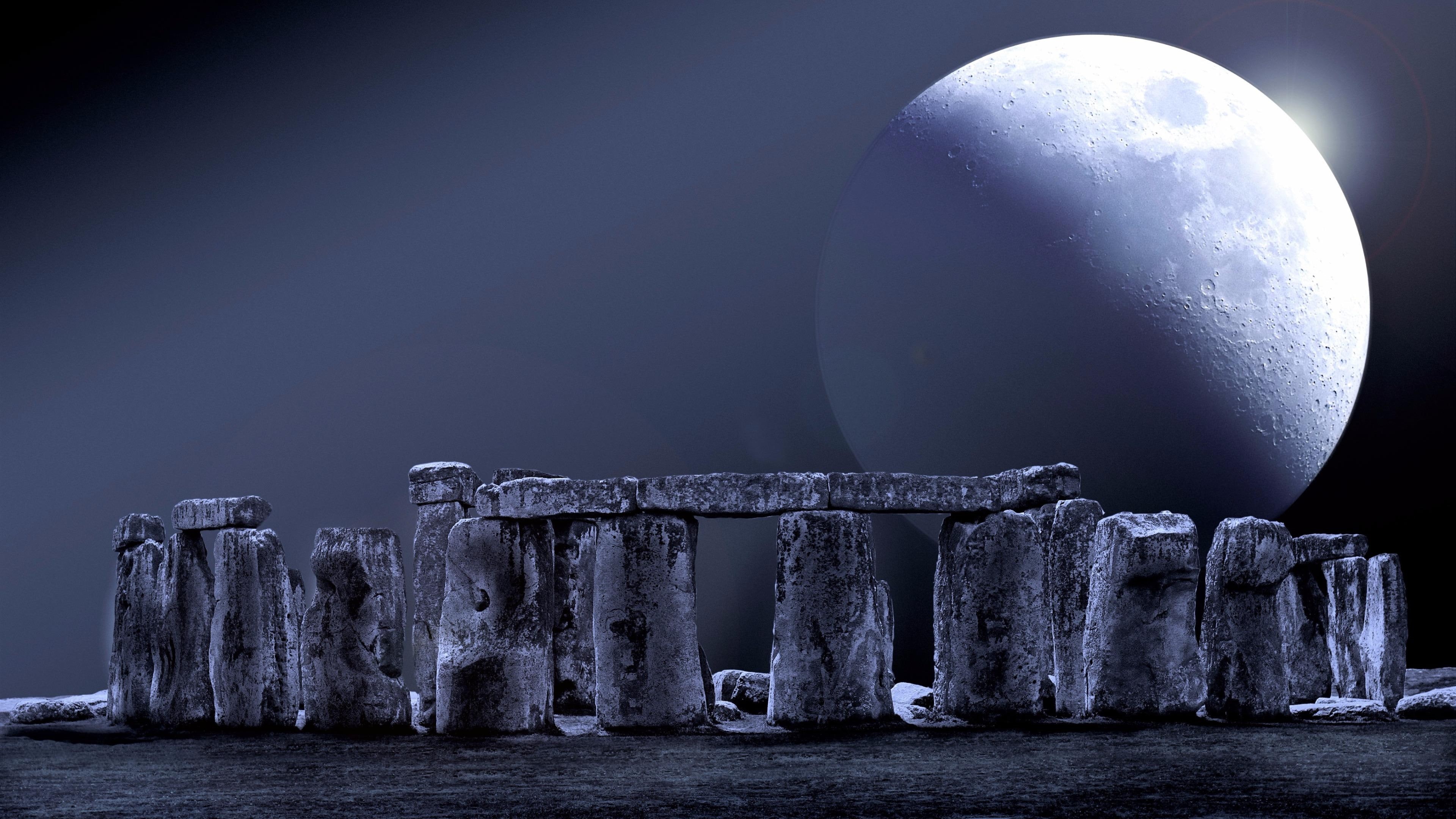 photoshop, moon, darkness, enormous, photoshop art, unbelievable, night, 4K, stonehenge, supermoon, fantasy art, full moon, HD Wallpaper