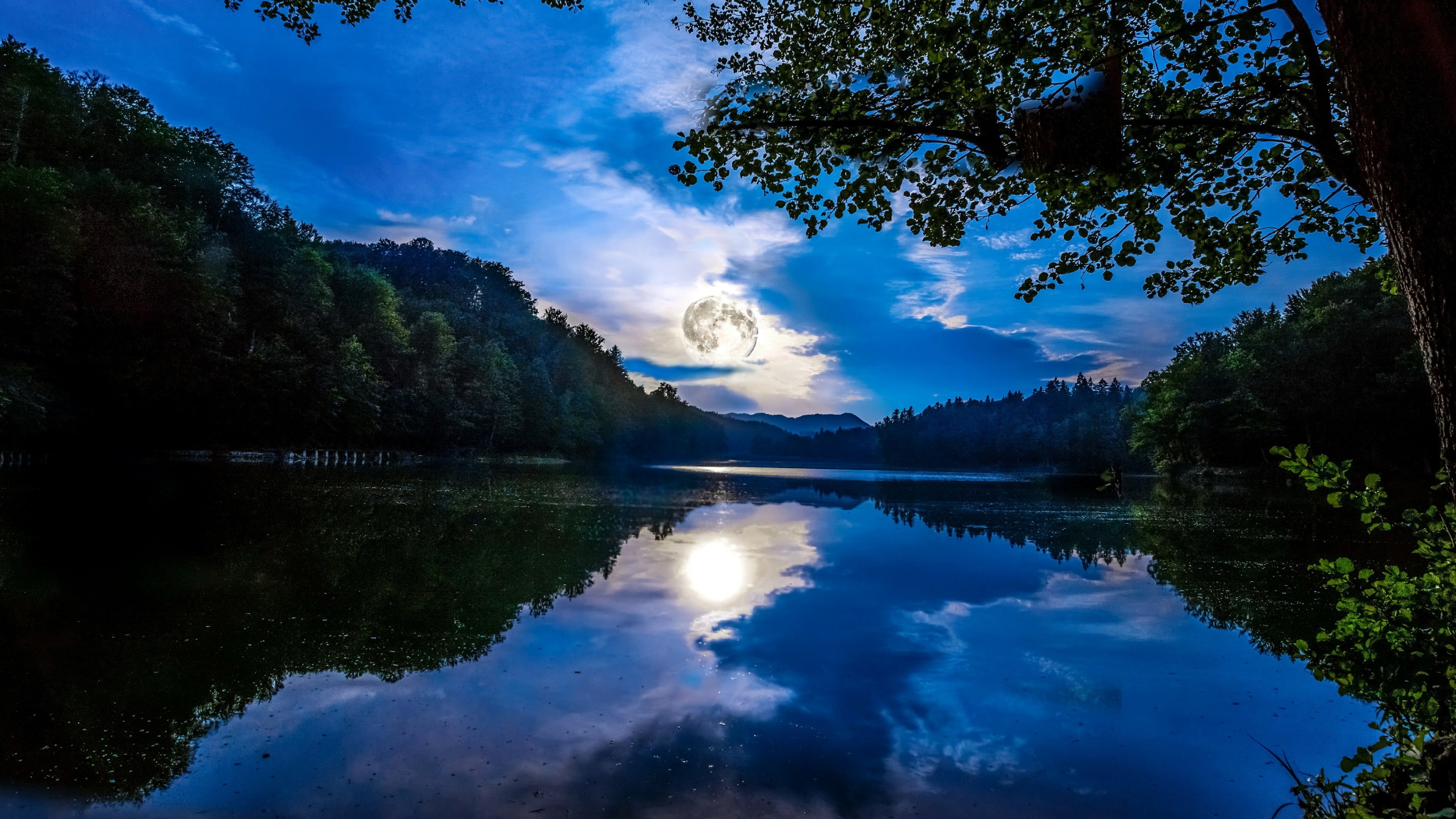 outdoors, mirrored, reflected, beauty in nature, water resources, lake, nature, wilderness, blue, waterfront, day, mount scenery, water, full moon, tranquil scene, HD Wallpaper