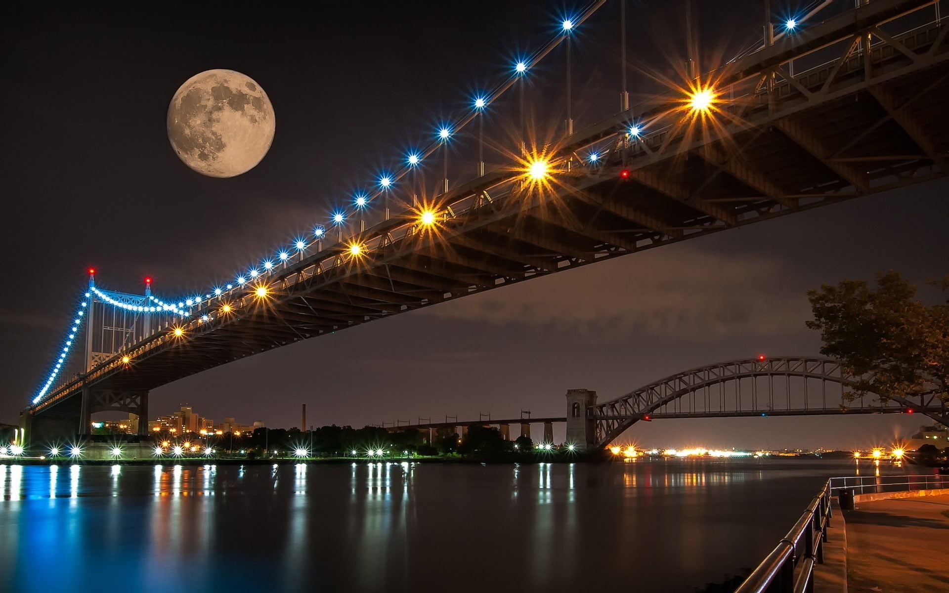 supermoon, illustration, architecture, travel destinations, full moon, bridge - man made structure, cities, sky, transportation, river, outdoors, nature, HD Wallpaper