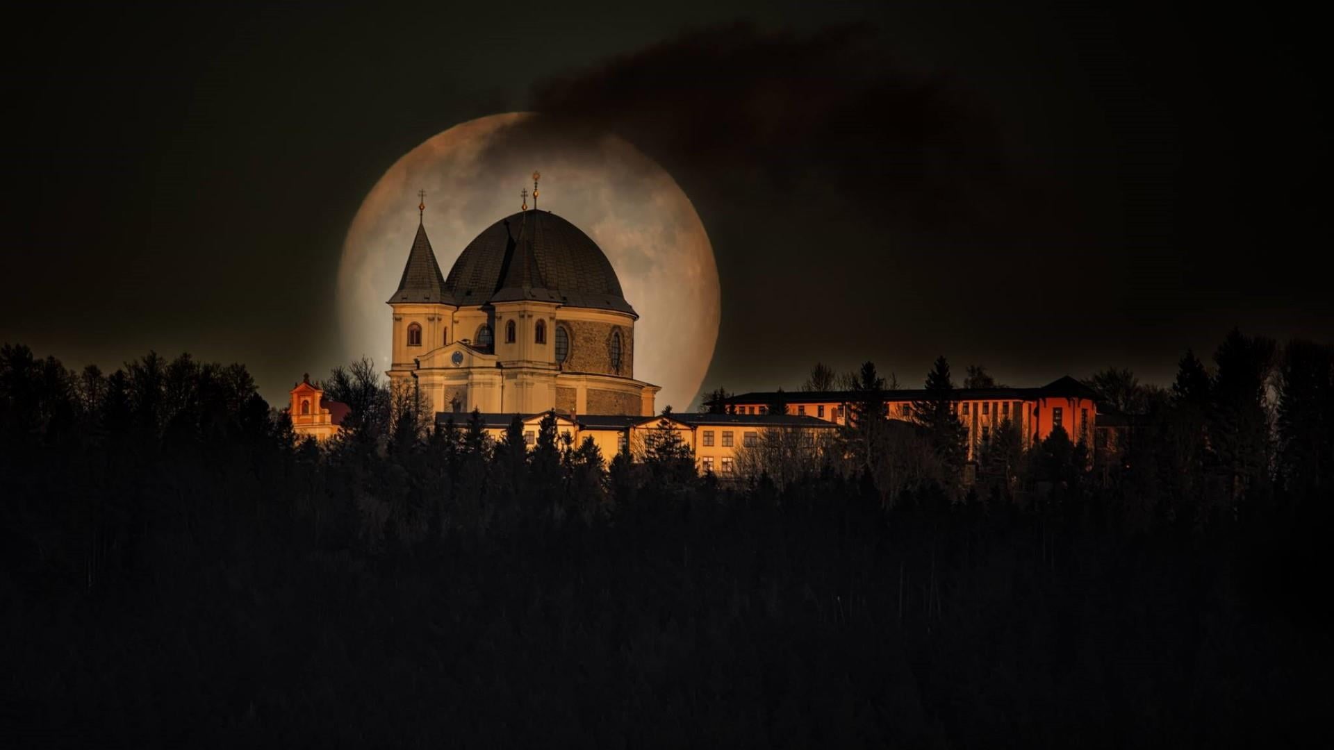 place of worship, travel destinations, evening, supermoon, night, nature, europe, tree, photography, moon, 1080P, plant, hostyn, basilica, history, silhouette, HD Wallpaper