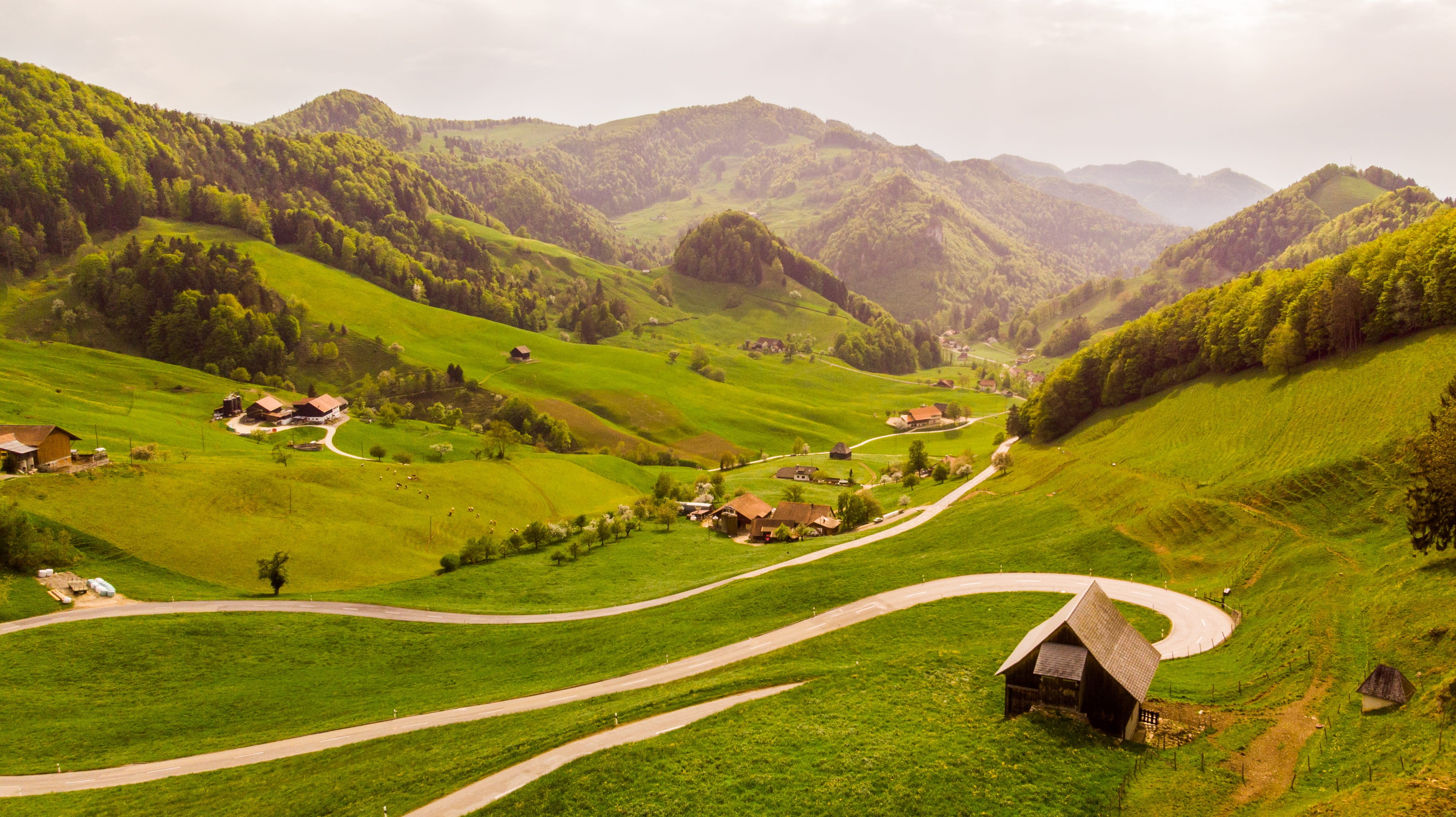 rural scene, tranquil scene, green, woodland, nature, architecture, house, outdoors, tree, land, grassland, hillside, photo, meadow, road, green color, HD Wallpaper