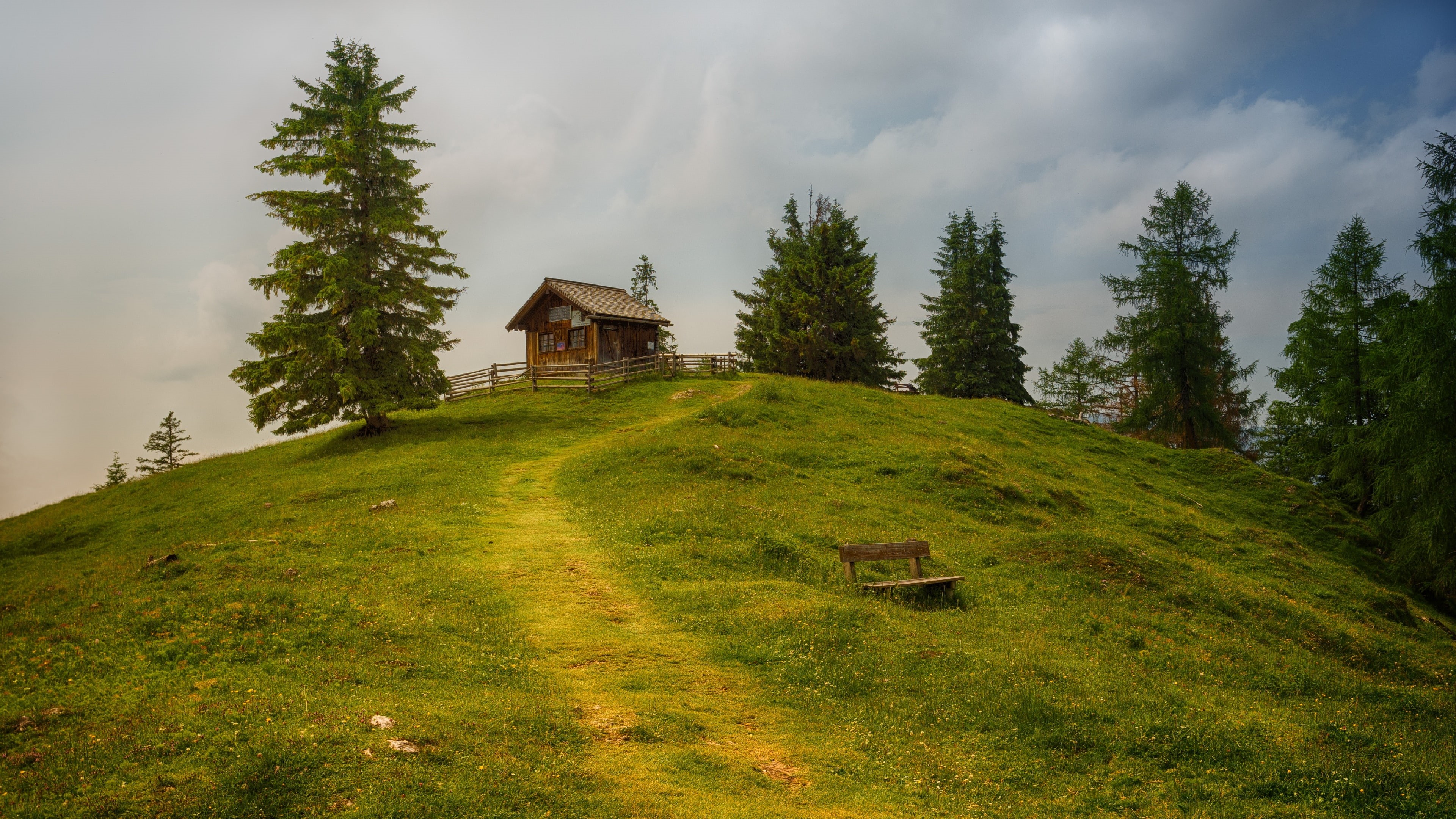 trees, hillside, hut, bench, mountain trail, hill, landscape, cottage, trail, grass, 4K, path, HD Wallpaper