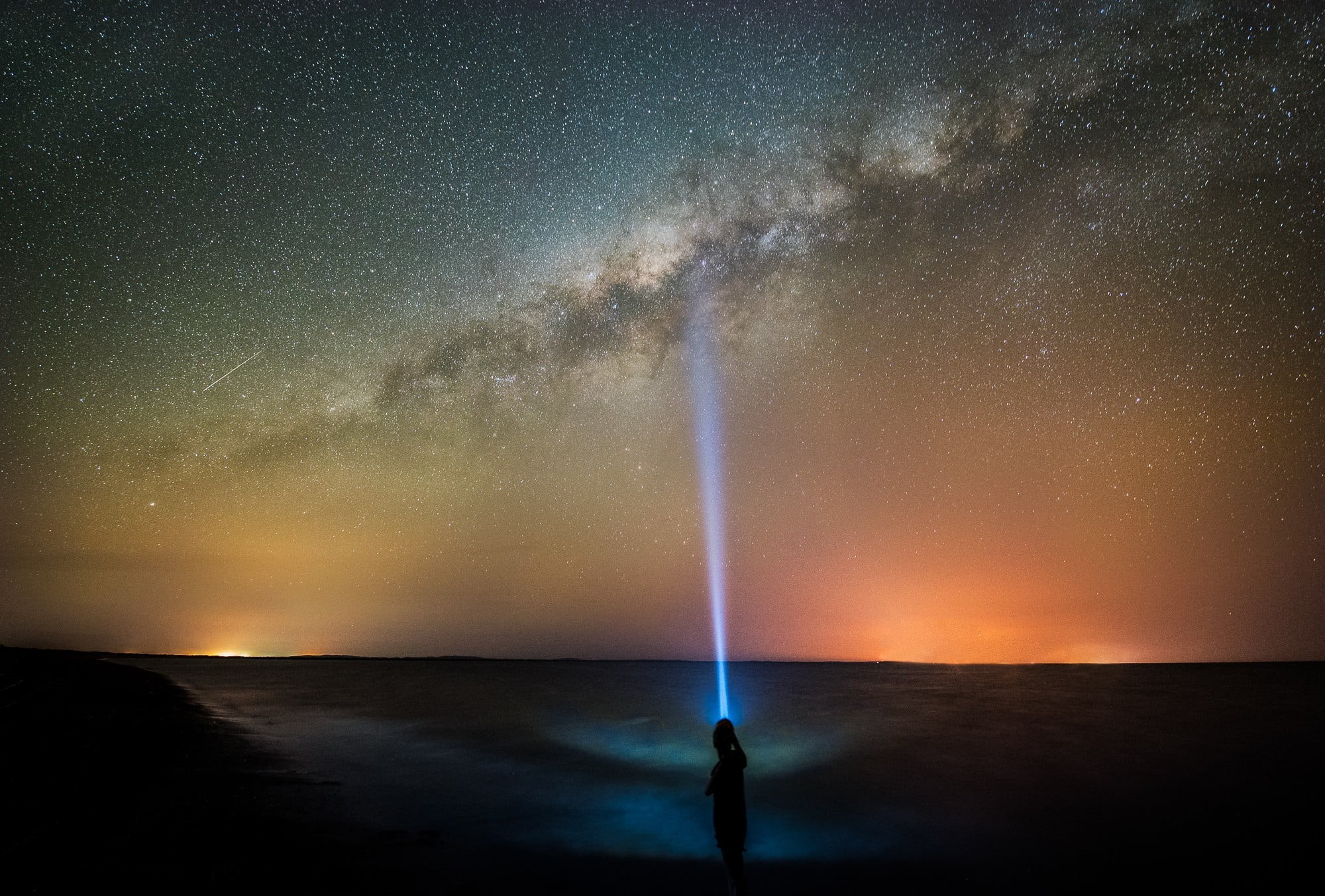 star Shape, way, backgrounds, scenics - nature, galaxy, boy, flashlight, water, silhouette, shiny, nature, blue, sea, nebula, light - Natural Phenomenon, HD Wallpaper