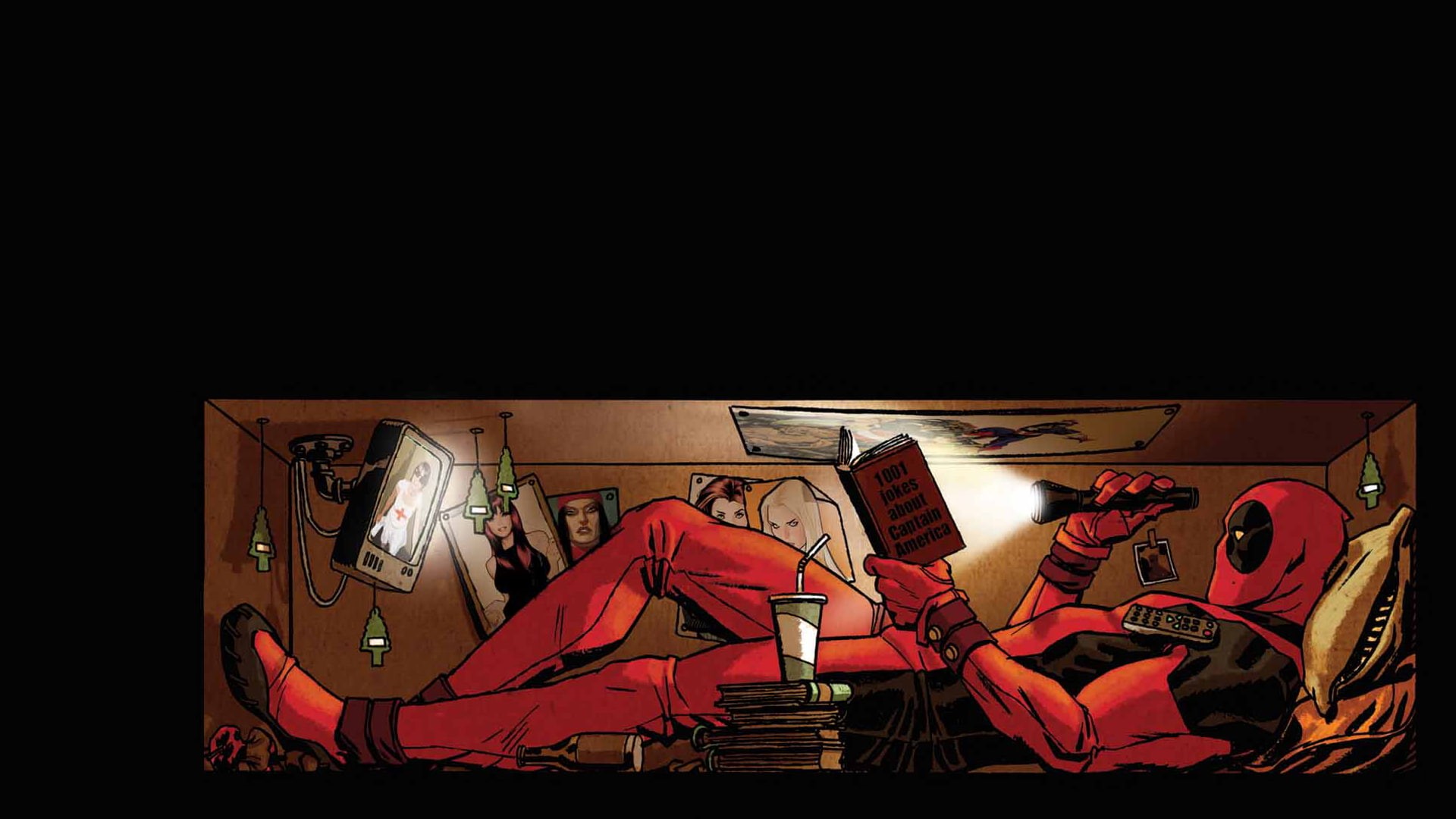 1080P, reading, coffin, flashlight, book, cartoon/comic, deadpool, hd, black, HD Wallpaper