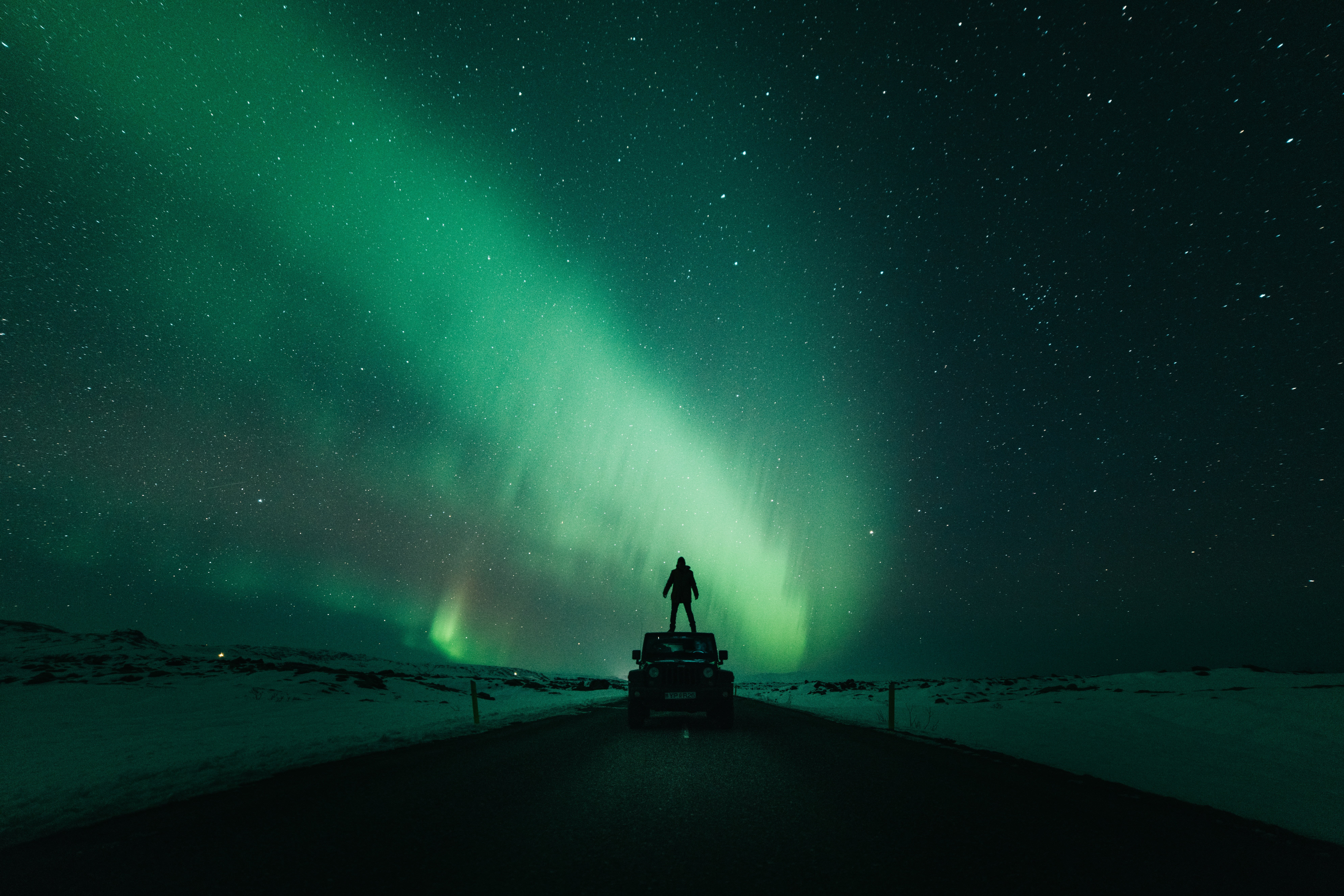 idyllic, aurorae, vehicle, tranquility, tranquil scene, photography, road, environment, one person, highway, desert, standing, astronomy, star - space, HD Wallpaper