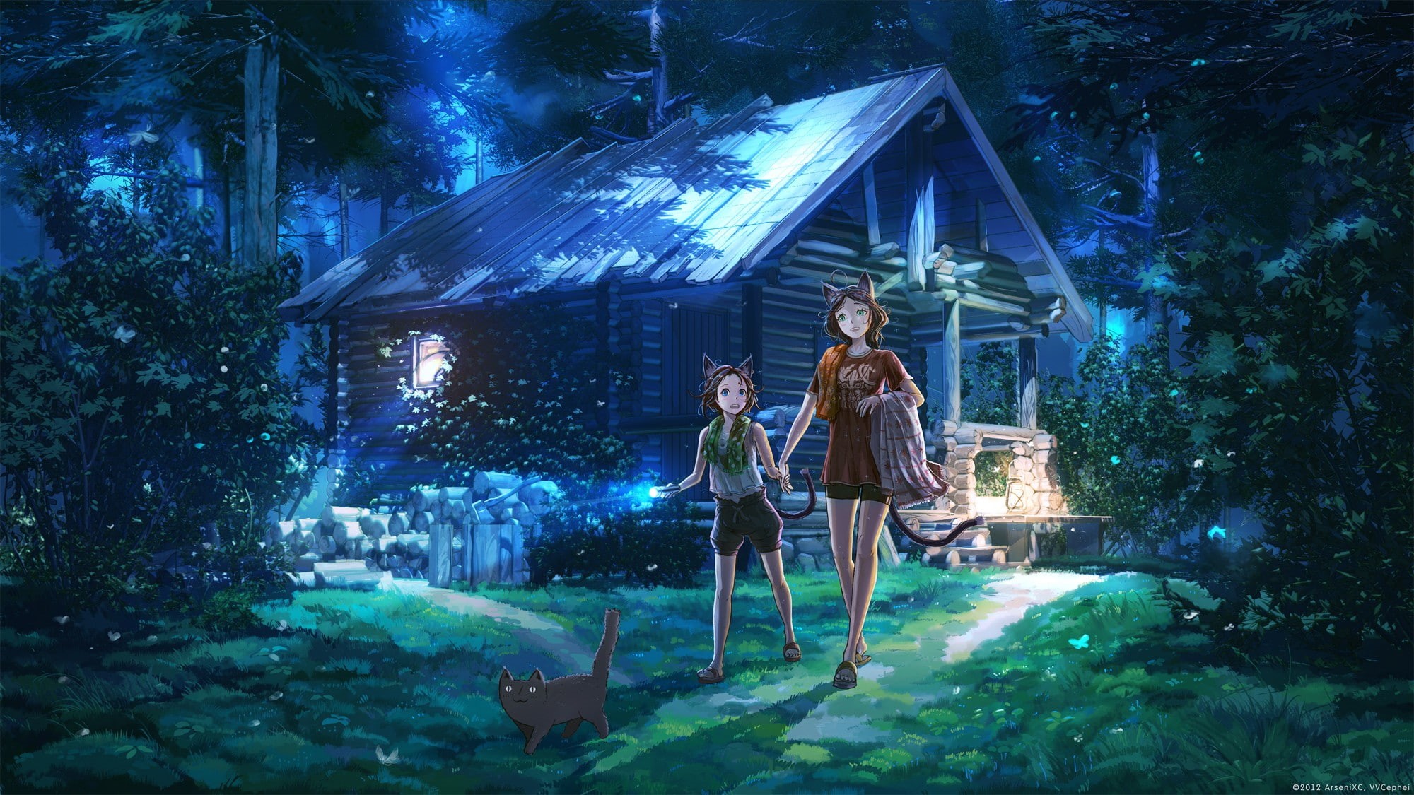 cat, adult, togetherness, two people, illuminated, cabin, couple - relationship, smiling, forest, young men, heterosexual couple, nekomimi, enjoyment, young women, HD Wallpaper