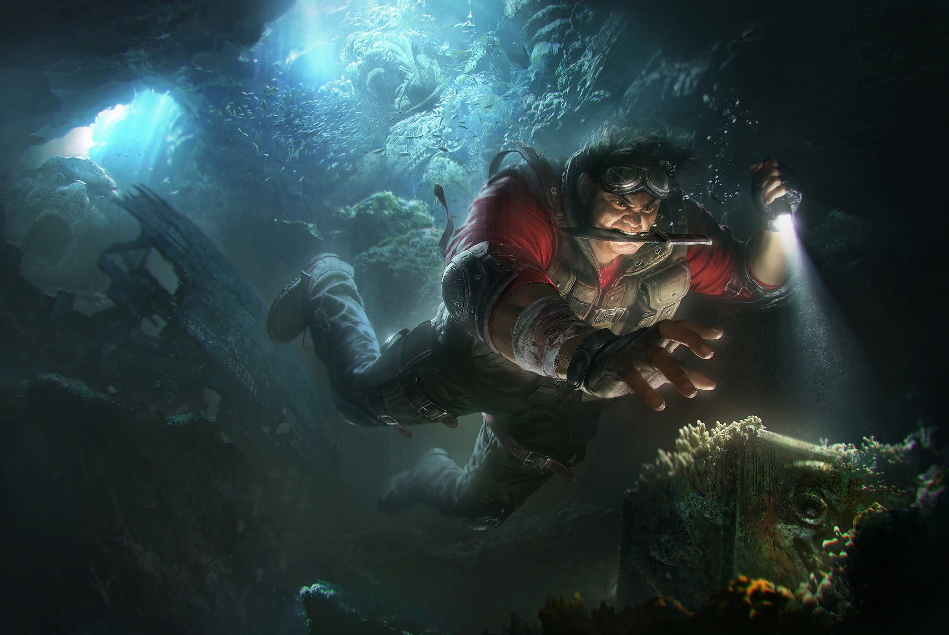  scuba diving, swimming, flashlight, sea, nature, sport, underwater, digital art, underwater diving, animal wildlife, man, real people, 1080P, HD Wallpaper