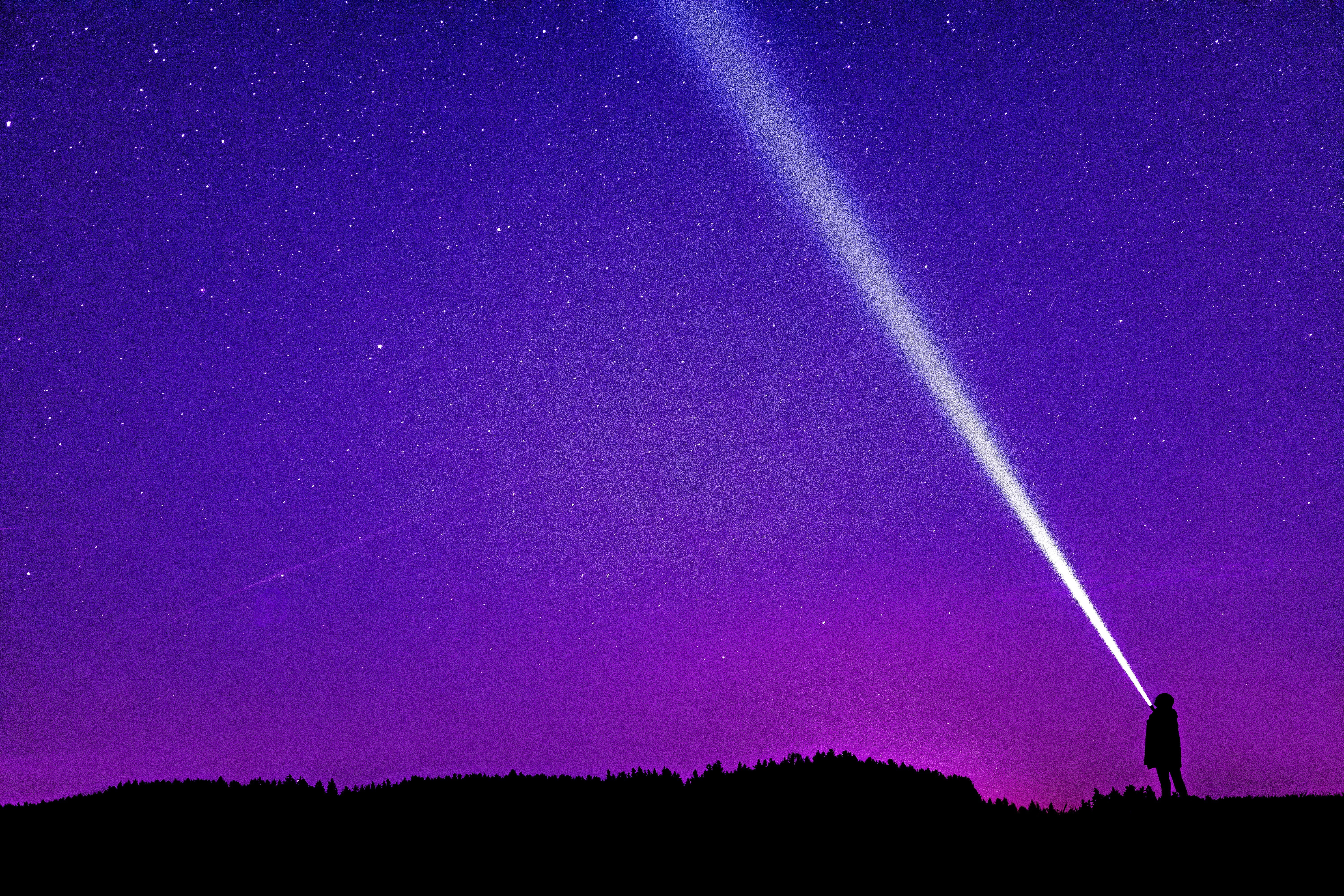 scenics - nature, nature, one person, star - Space, sky, backgrounds, painting, astronomy, star, purple, beauty in nature, nebula, illuminated, man, flashlight, HD Wallpaper