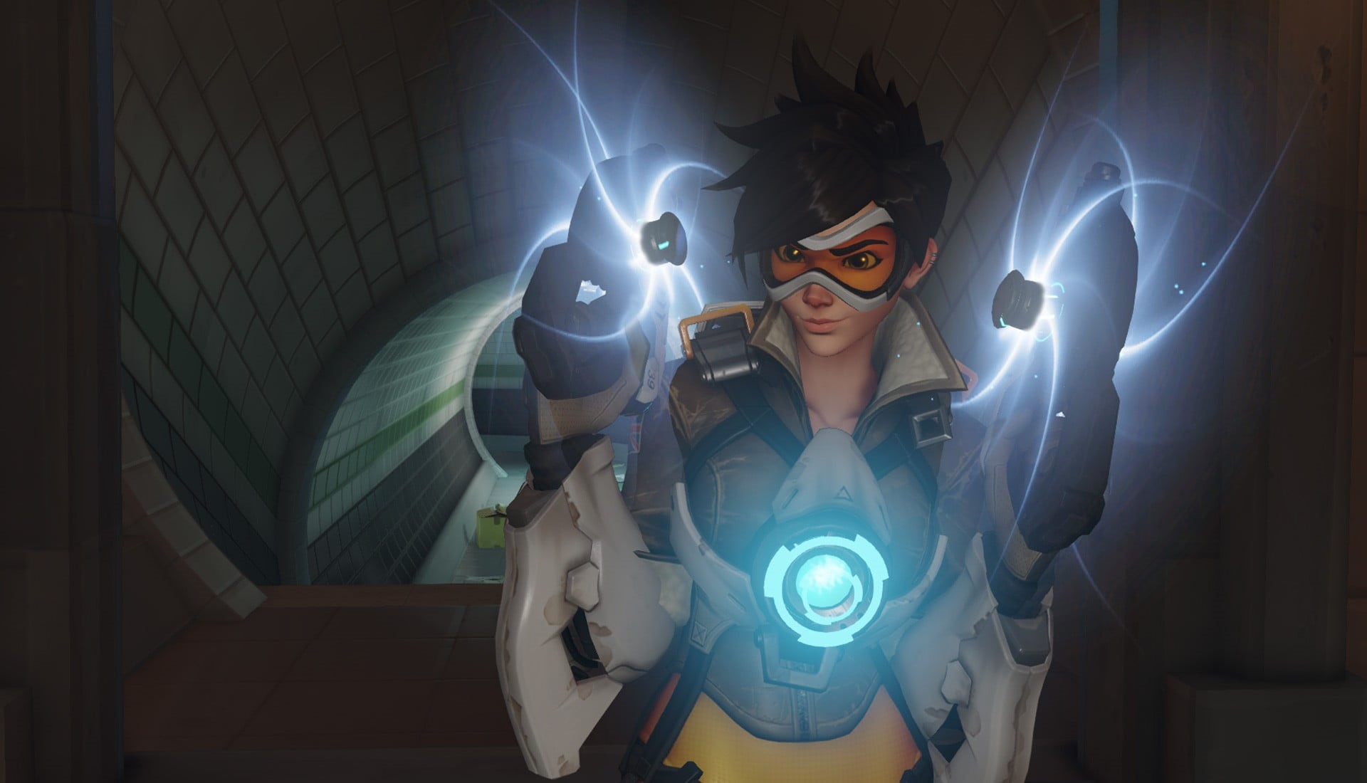 portrait, representation, looking at camera, Tracer (Overwatch), standing, front view, young men, illuminated, one person, leisure activity, 1080P, technology, HD Wallpaper