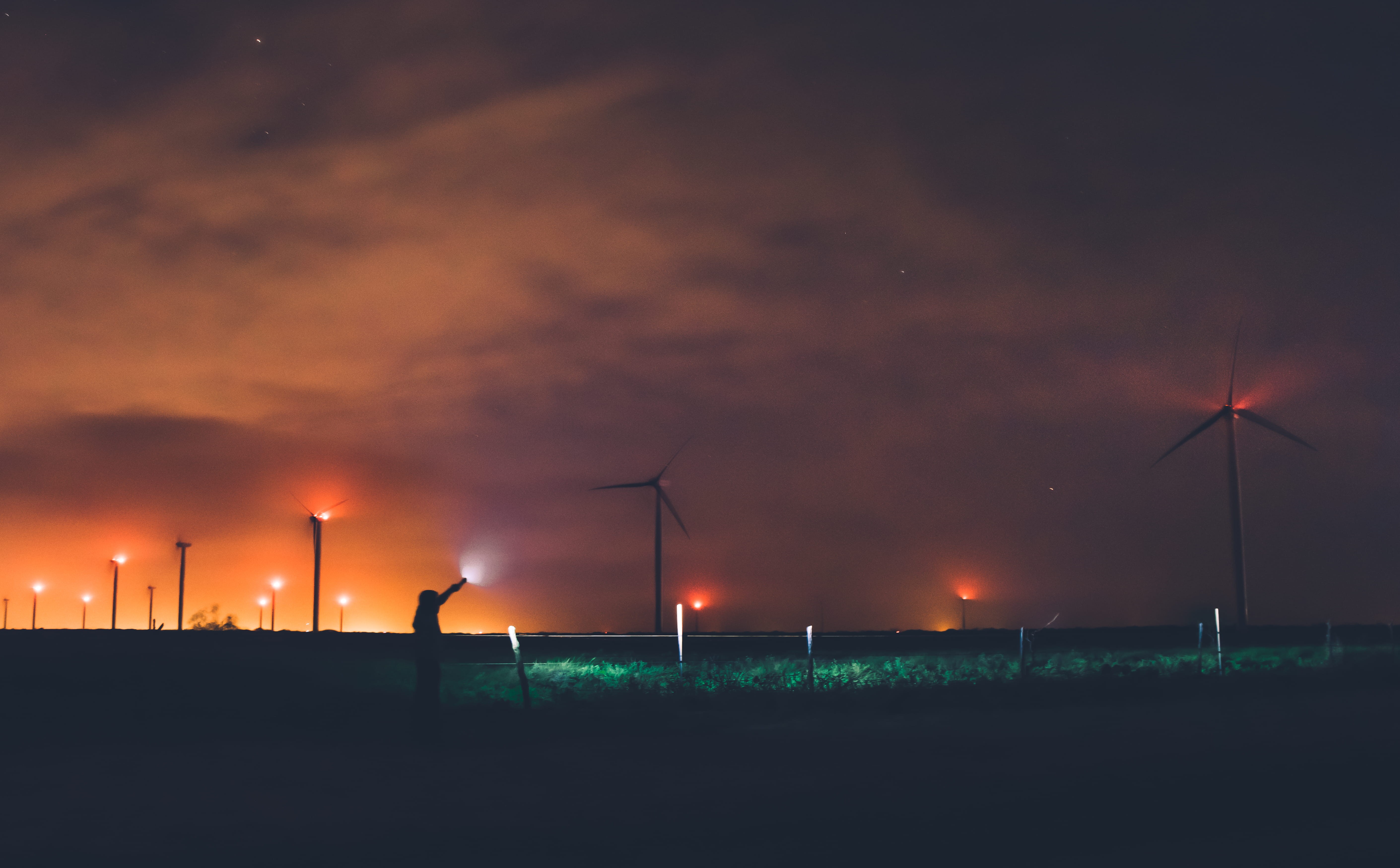 sky, nature, power in nature, flashlight, wind power, field, green grass, environment, night, outdoors, landscape, environmental conservation, wind energy, HD Wallpaper