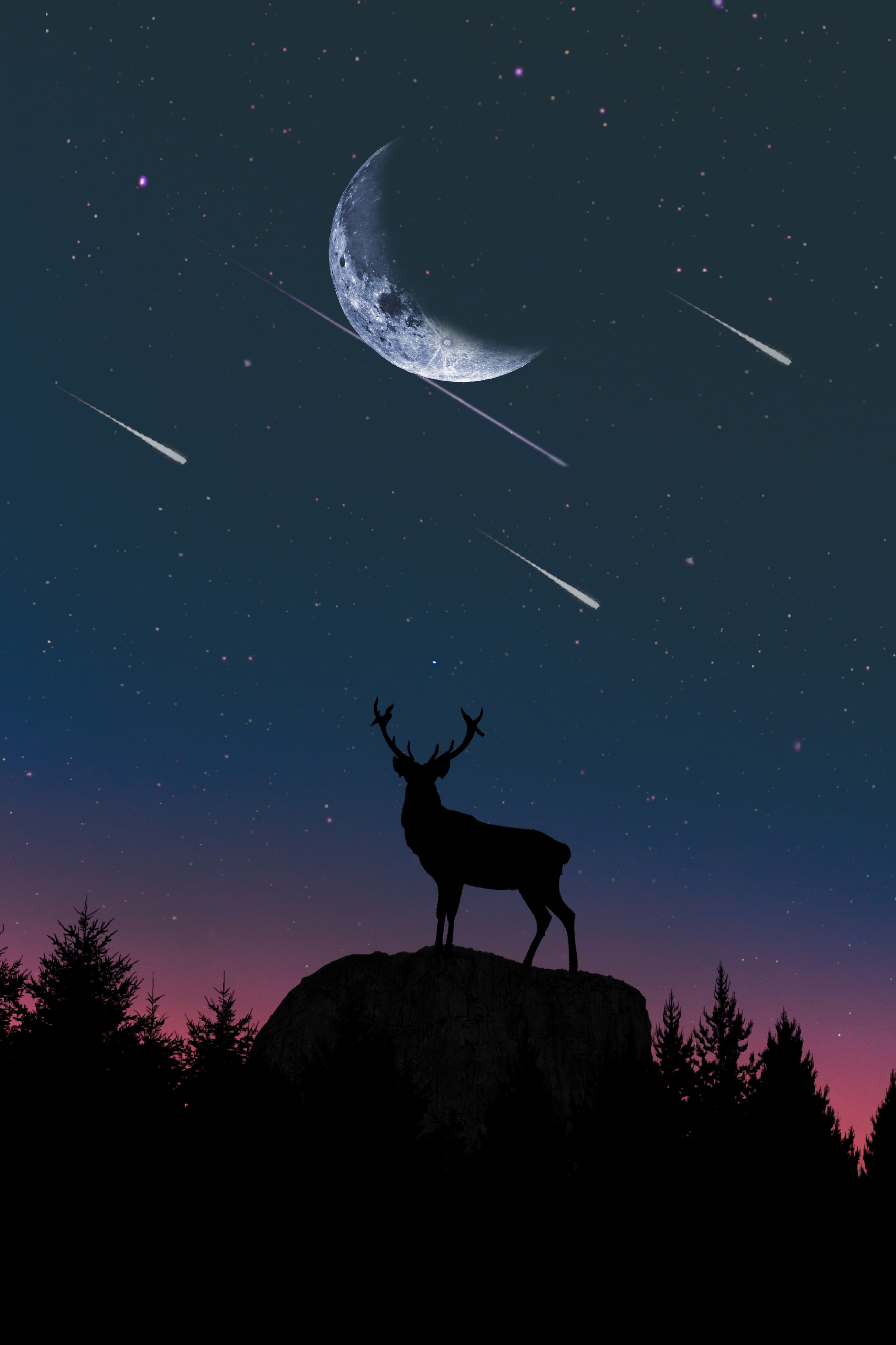nature, moon, star - space, night, astronomy, space, moonlight, scenics - nature, 5K, deer, silhouette, beauty in nature, astrology, herbivorous, mammal, Phone HD Wallpaper