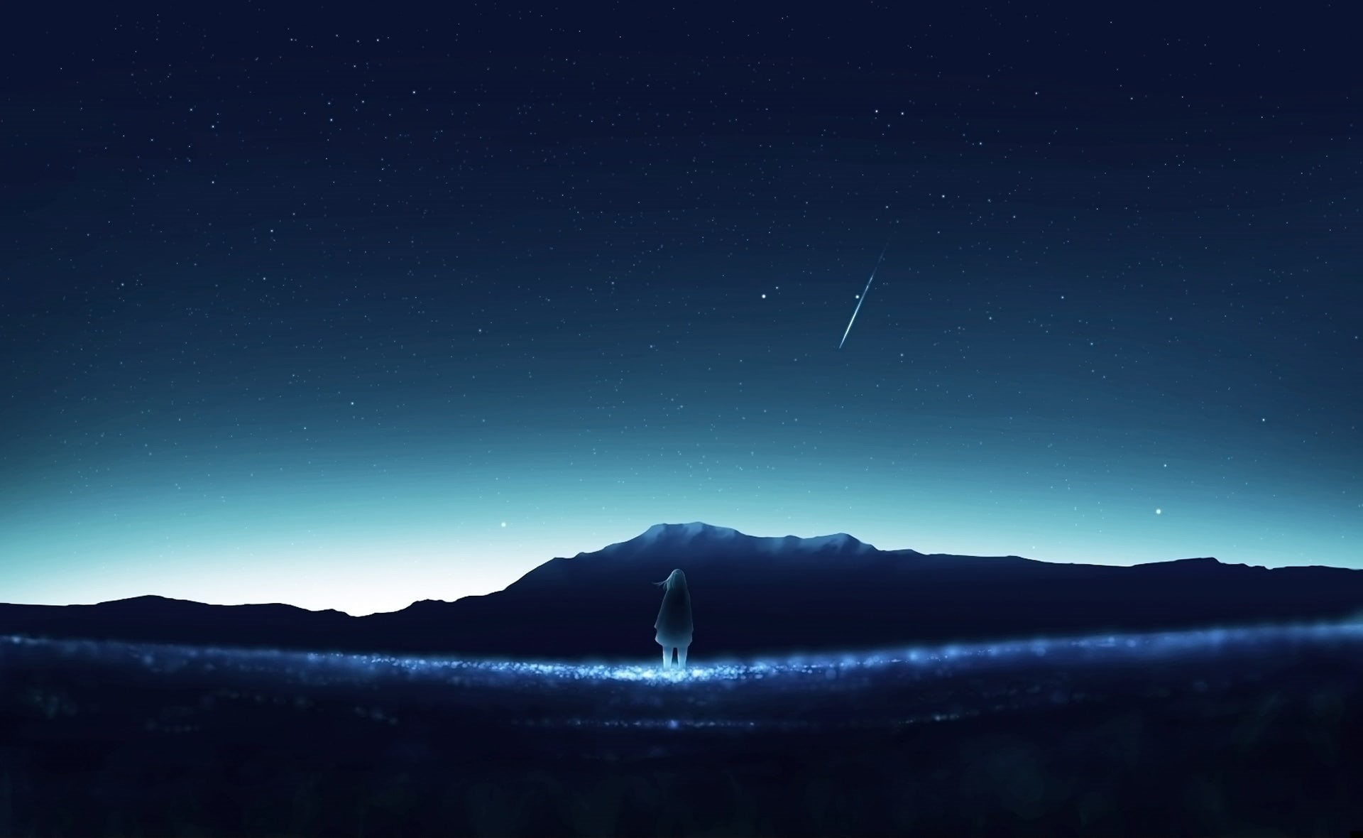 sky, silhouette, galaxy, beauty in nature, one person, night, mountain, anime landscape, girl, star, space and astronomy, star - space, scenics - nature, HD Wallpaper