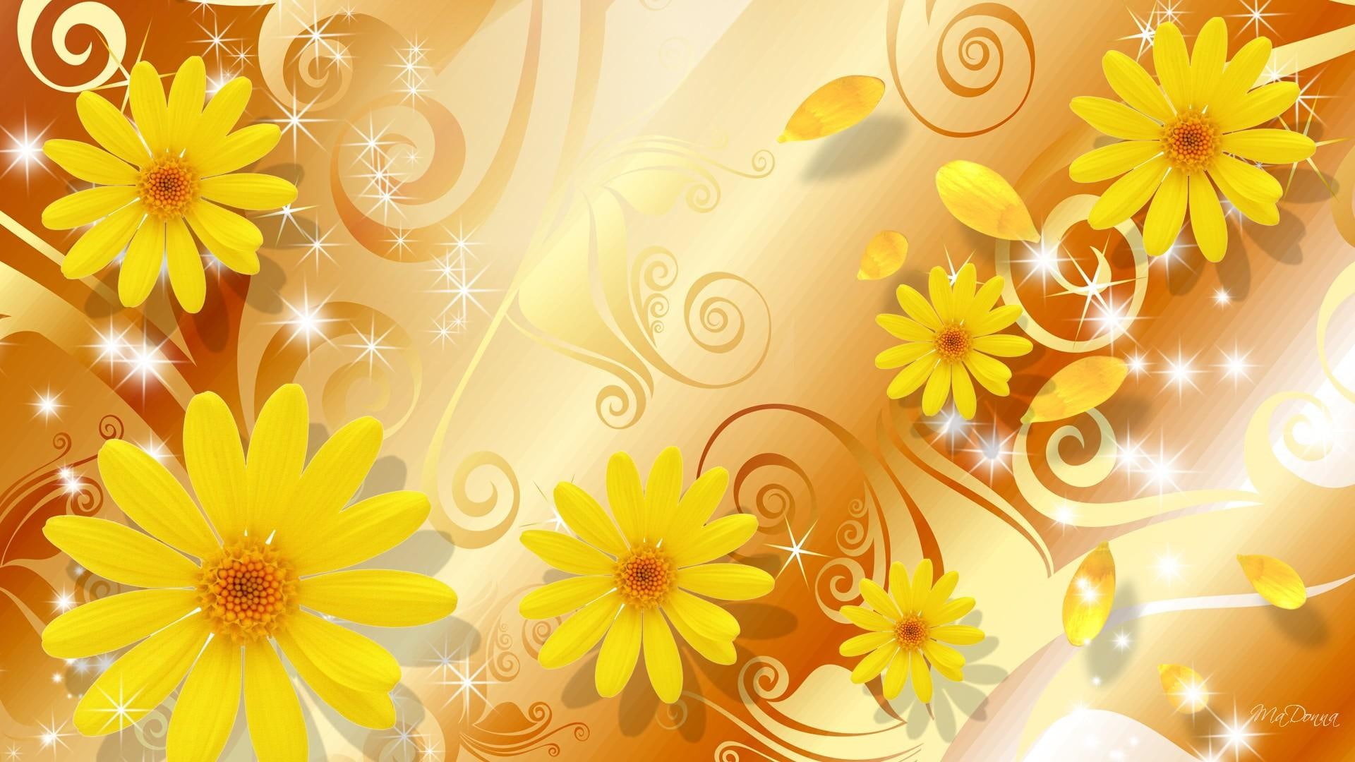 sunflowers, sunshine, stars, firefox persona, 3d and abstract, swirls, autumn, flowers, shine, petals, summer, 1080P, fall, HD Wallpaper