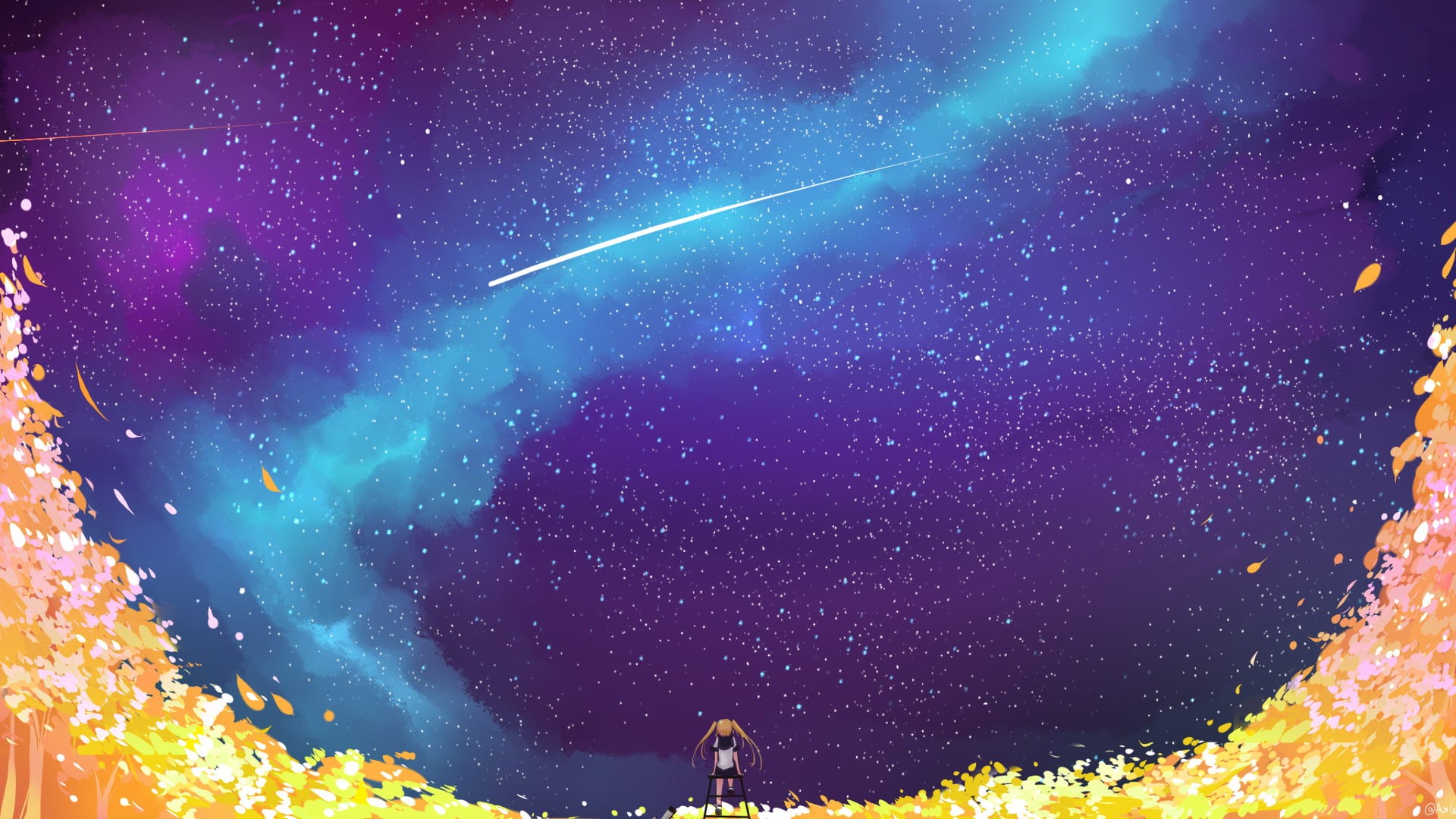 anime girls, sky, real people, star - space, anime, two people, beauty in nature, galaxy, falling, illustration, nature, people, space, astronomy, men, HD Wallpaper