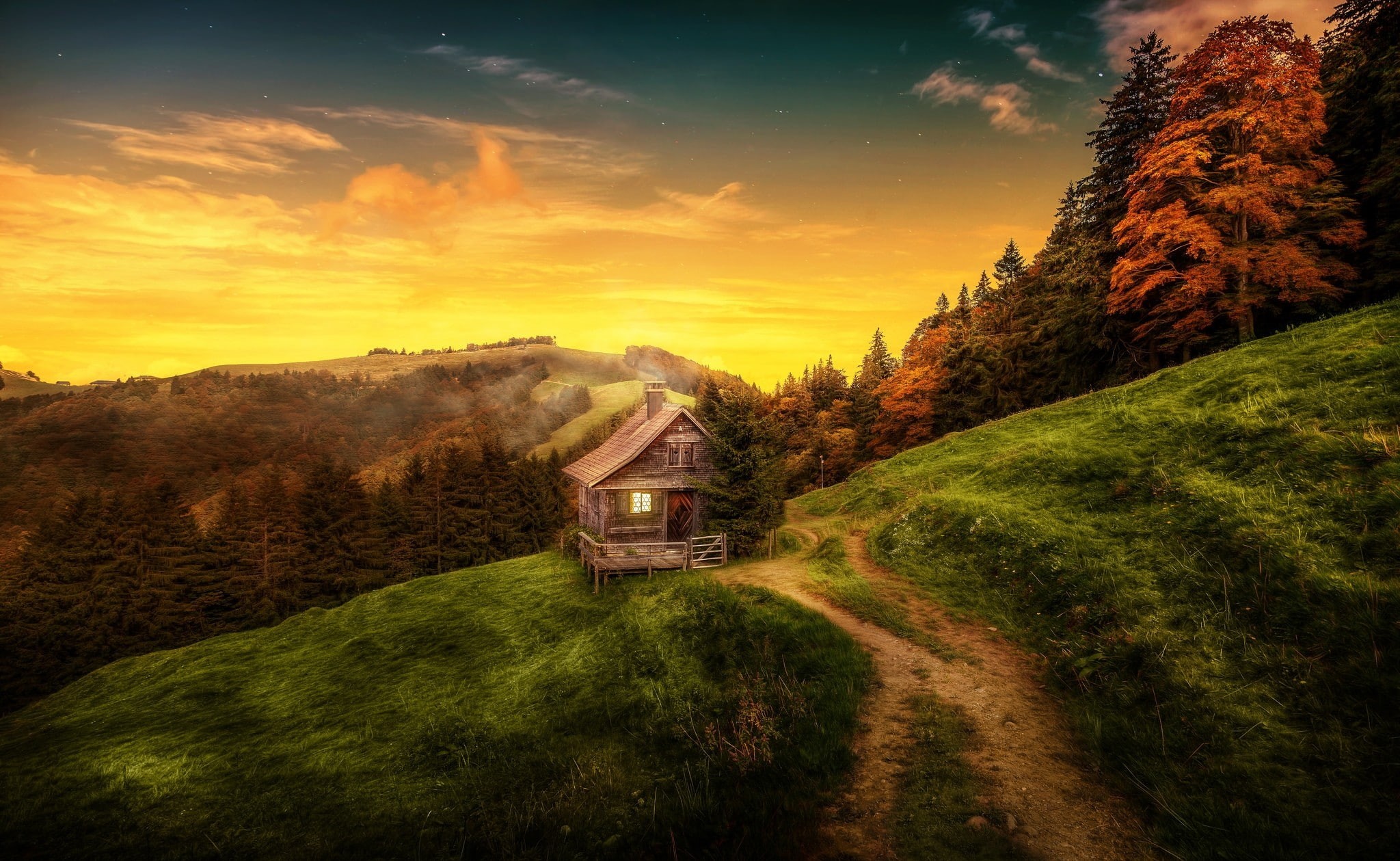 land, path, photography, sunset, non-urban scene, environment, no people, tree, green color, tranquility, cloud - sky, grass, sky, clouds, forest, scenics - nature, HD Wallpaper