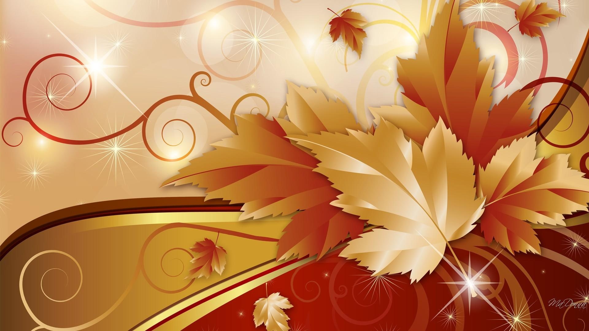 glow, fall, autumn, swirls, bright, shine, leaves, stars, 1080P, art, gold, amber, luxurious, brown, best, HD Wallpaper