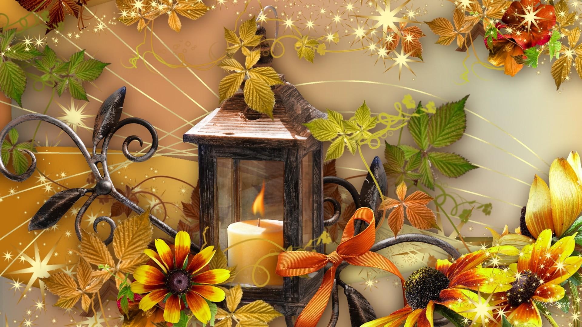 fall, shine, candle, stars, leaves, 1080P, autumn, ribbon, light, yellow, bright, flowers, gold, vintage, lantern, HD Wallpaper
