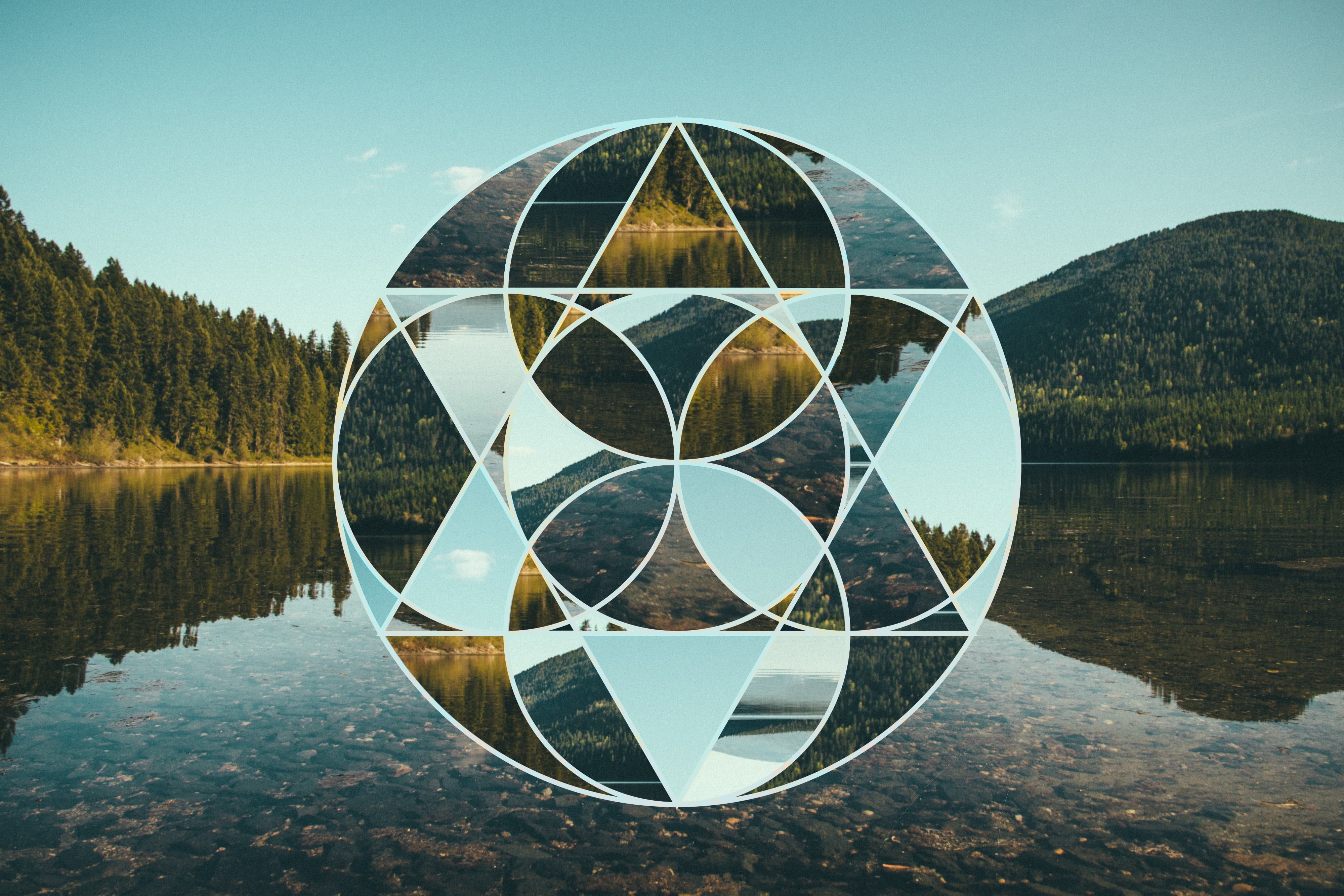 pattern, geometric shape, outdoors, stars, circle, lake, clear sky, tree, no people, sky, 4K, design, beauty in nature, reflection, nature, body, land, HD Wallpaper