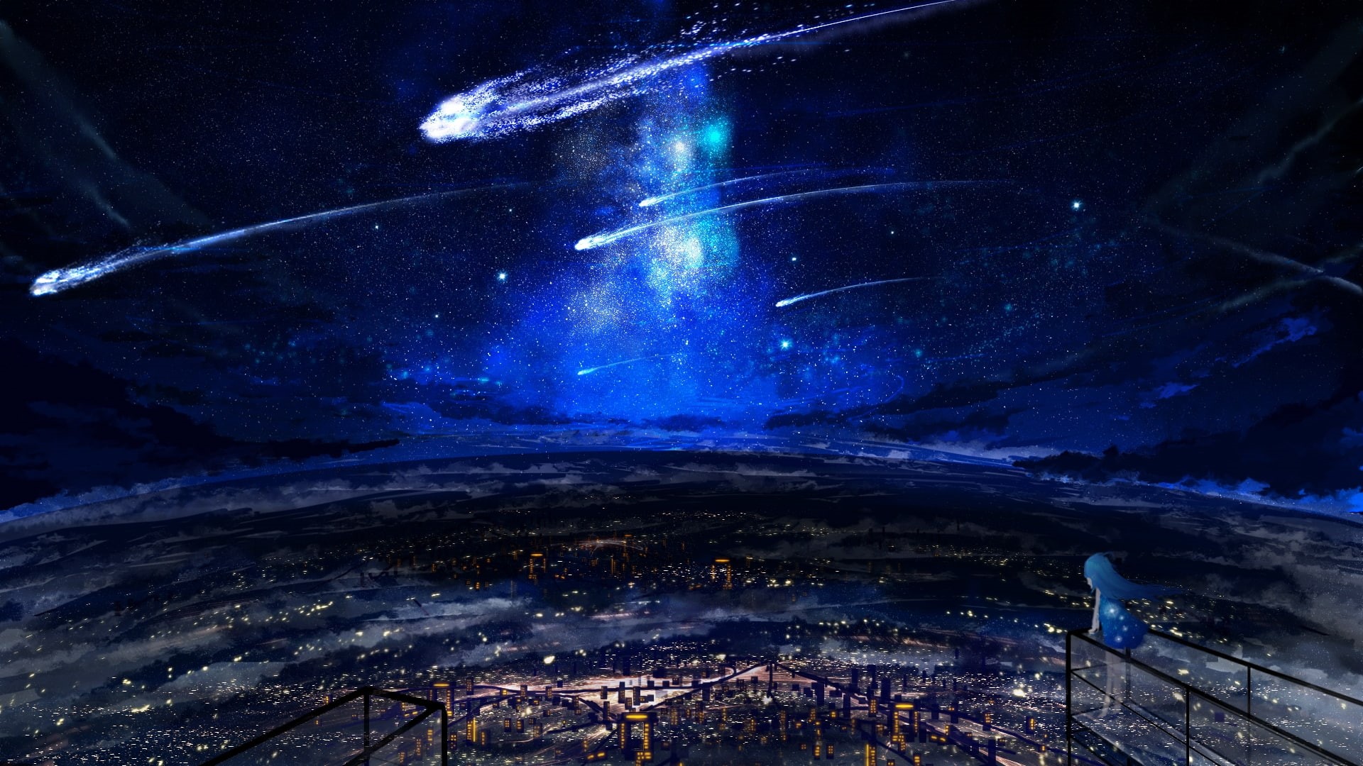 Anime, sky, astronomy, high angle view, outdoors, scenics - nature, nature, no people, falling stars, building exterior, landscape, illuminated, space, HD Wallpaper