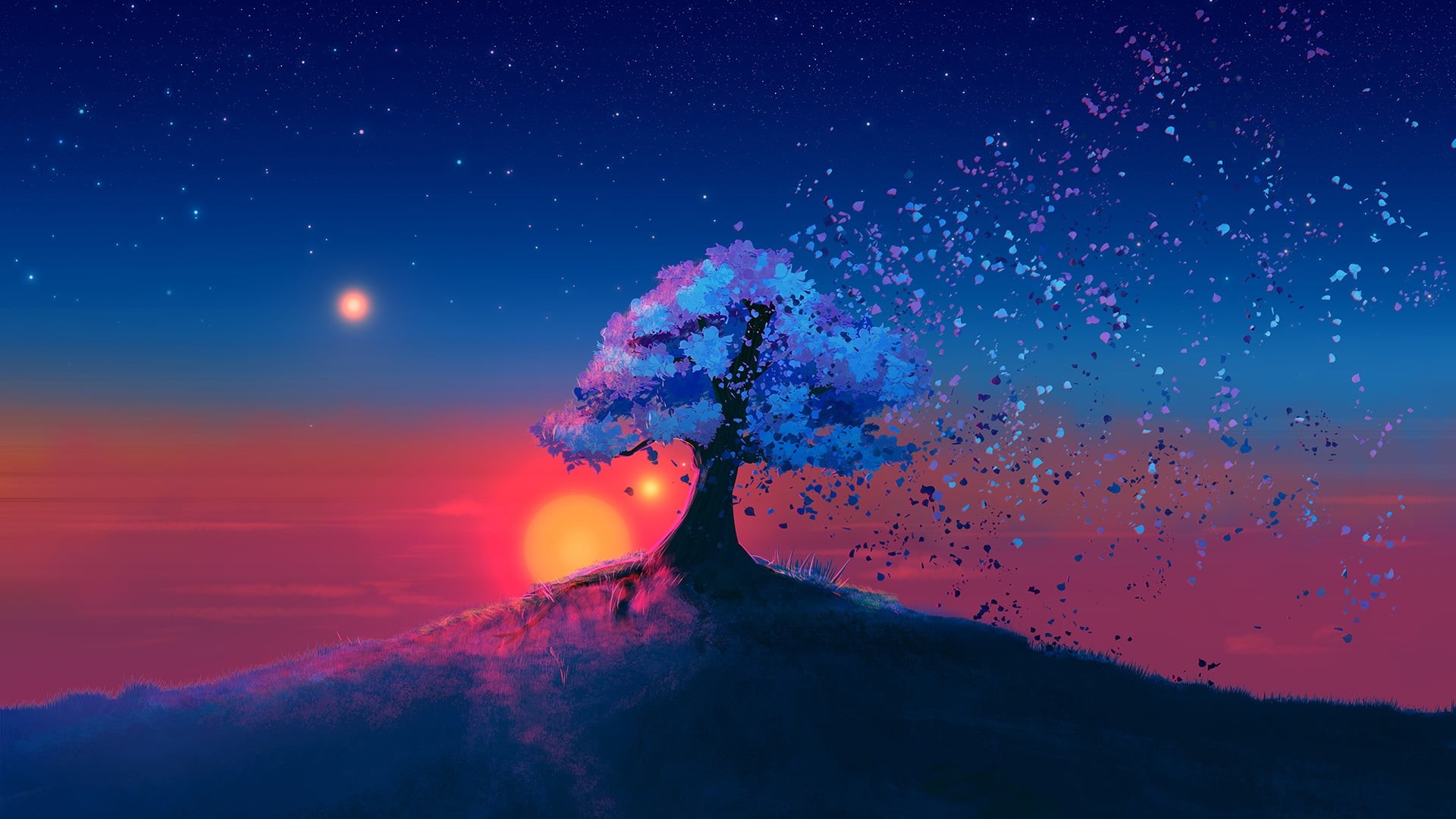 art, sun, Tree, fall, star, 1080P, artwork, landscape, nature, digital art, flower petals, sunset, HD Wallpaper