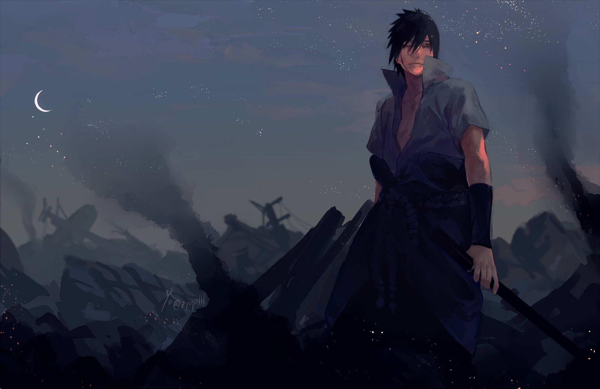contemplation, front view, leisure activity, naruto, full length, night, one person, real people, Anime, women, mountain, sword, three quarter length, 1080P, HD Wallpaper