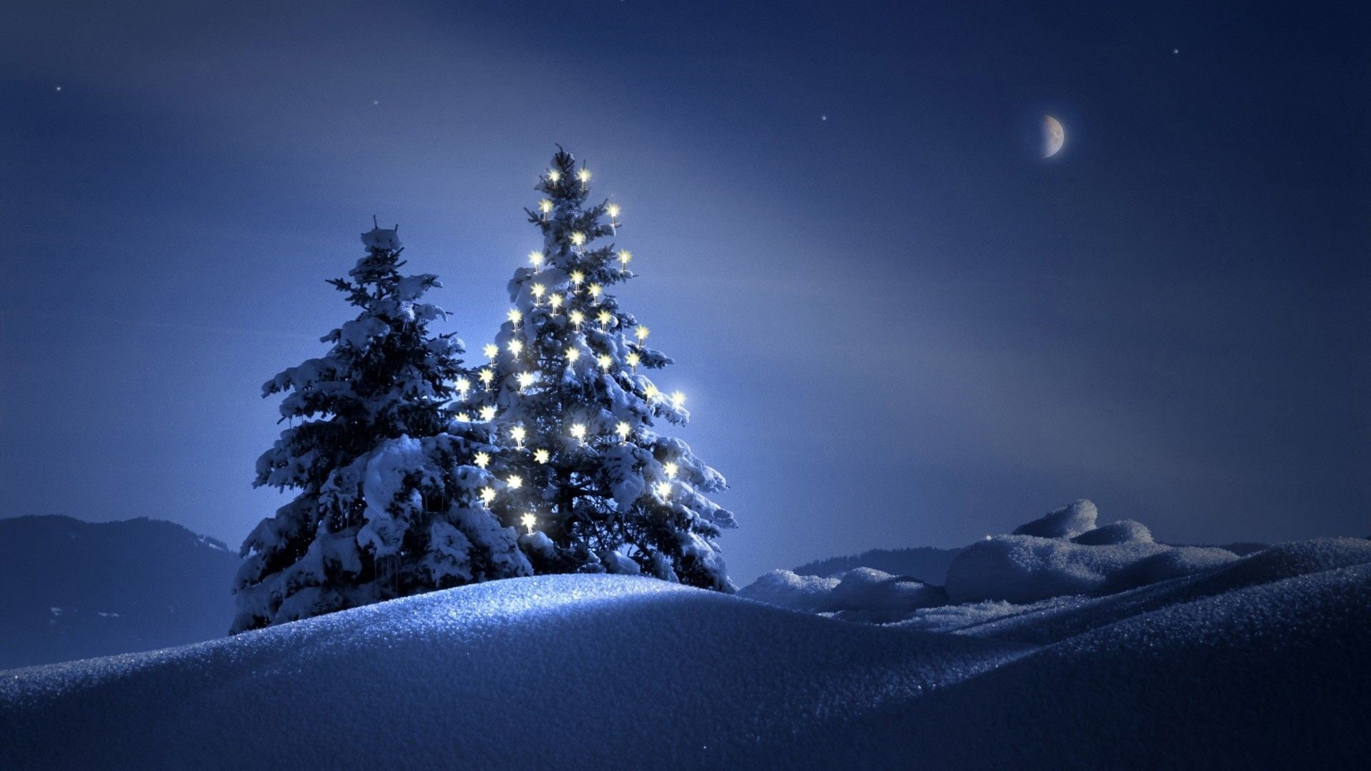 celebration, bright, holiday, blue, pine tree, cold temperature, night, winter, full moon, coniferous tree, scenics - nature, 1080P, snowcapped mountain, HD Wallpaper