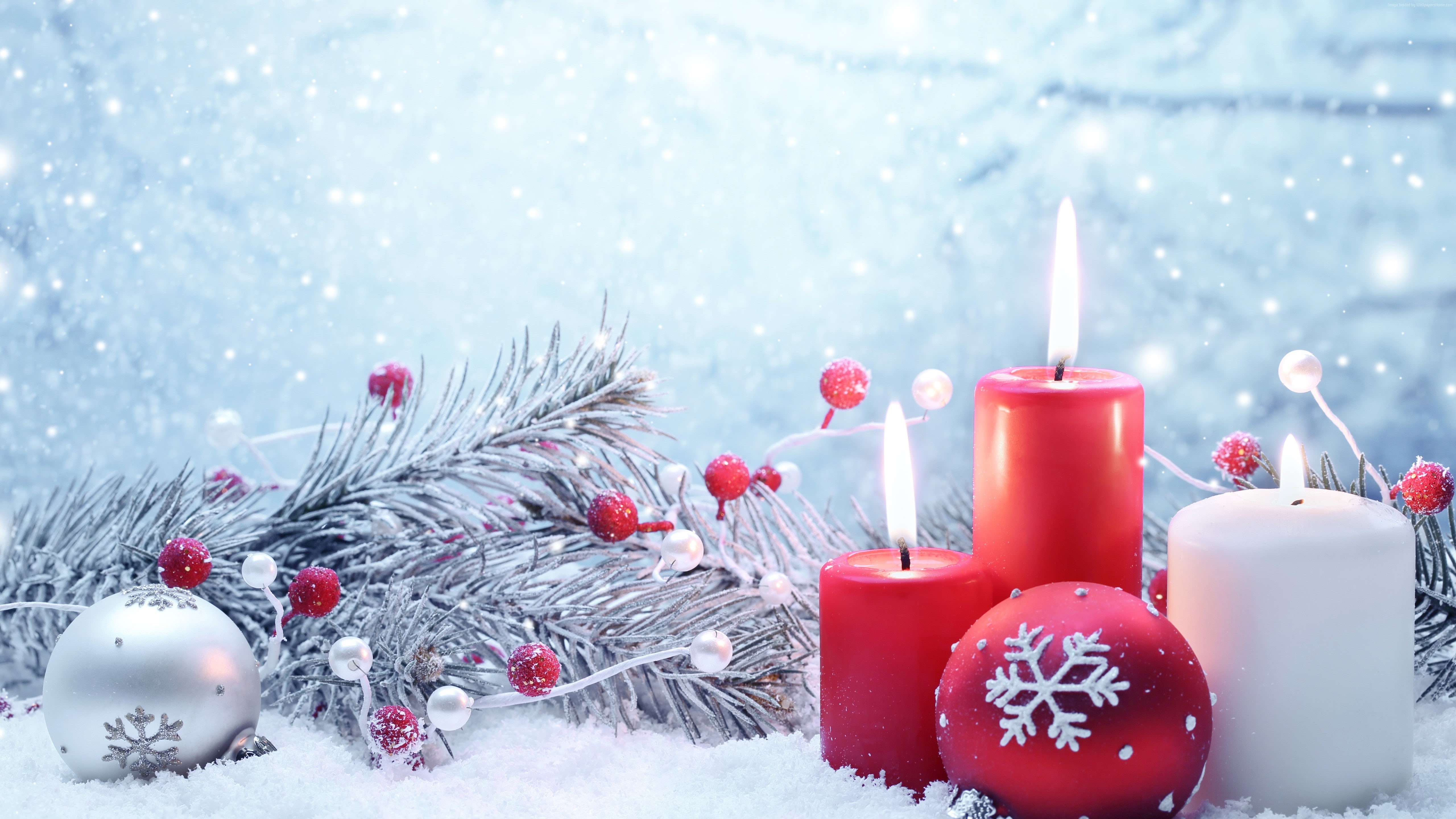 Christmas, candle, fir-tree, snowflakes, snow, New year, balls, 5K, decorations, HD Wallpaper