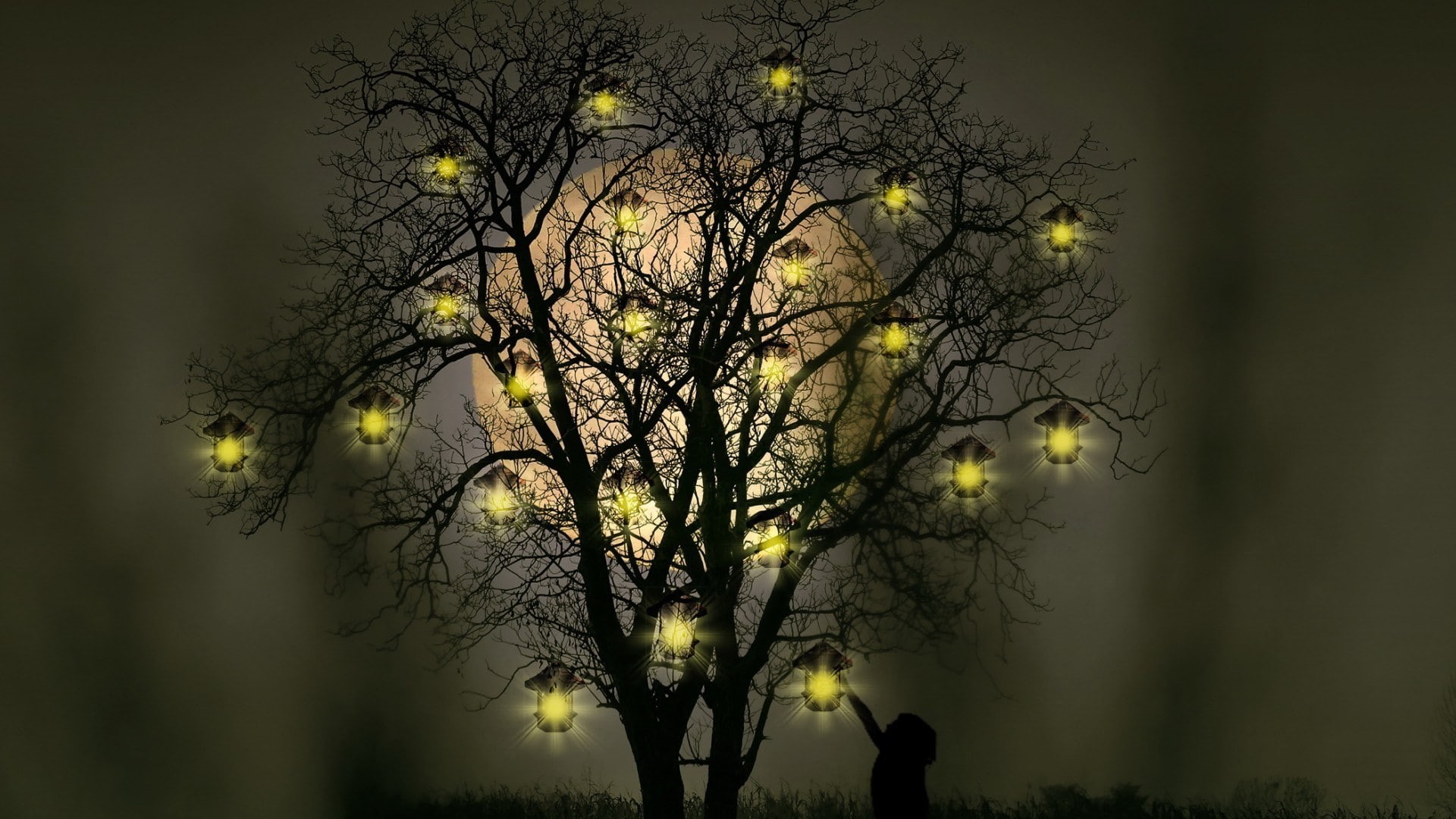 Trees, 1920x1080 px, Photoshop, art, fantasy art, branch, lantern, monochrome, silhouette, grass, Lights, hd, 1080P, px, Moon, night, x, nature, children, HD Wallpaper