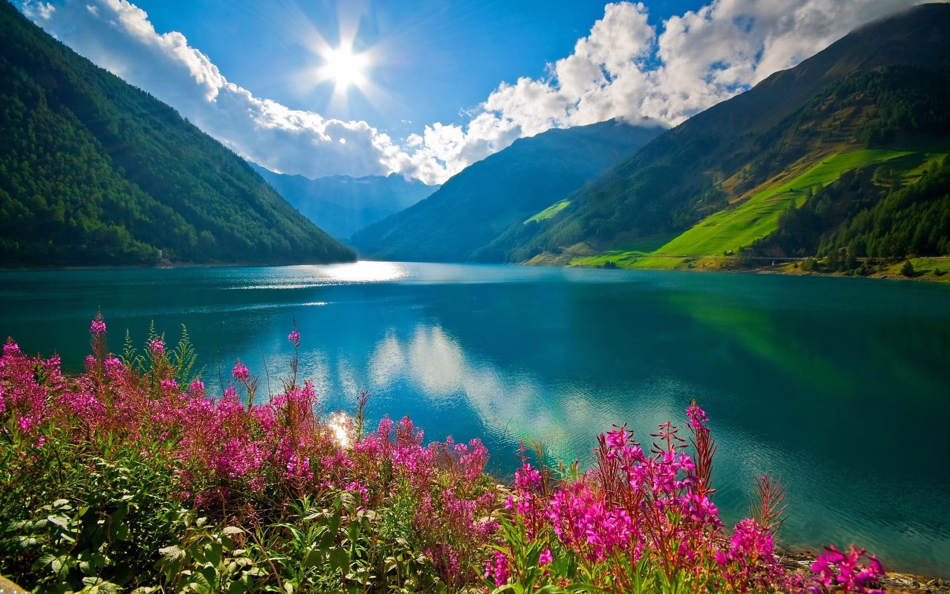 landscape, cloud - sky, scenics - nature, growth, no people, river, mountain range, flowering plant, body, mountain, Sun, water, clouds, outdoors, sky, HD Wallpaper
