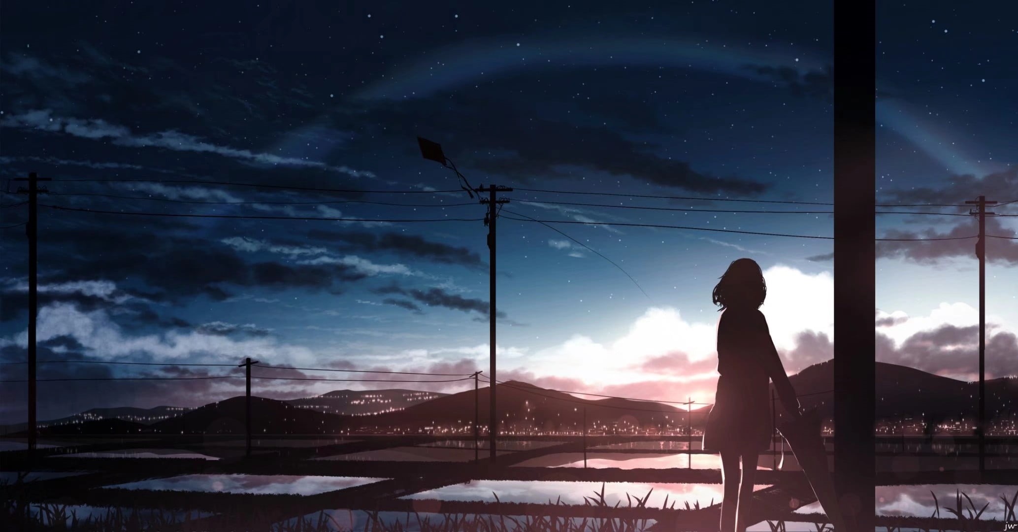 anime, 1080P, landscape, anime girls, dark, moescape, sky, sunset, HD Wallpaper