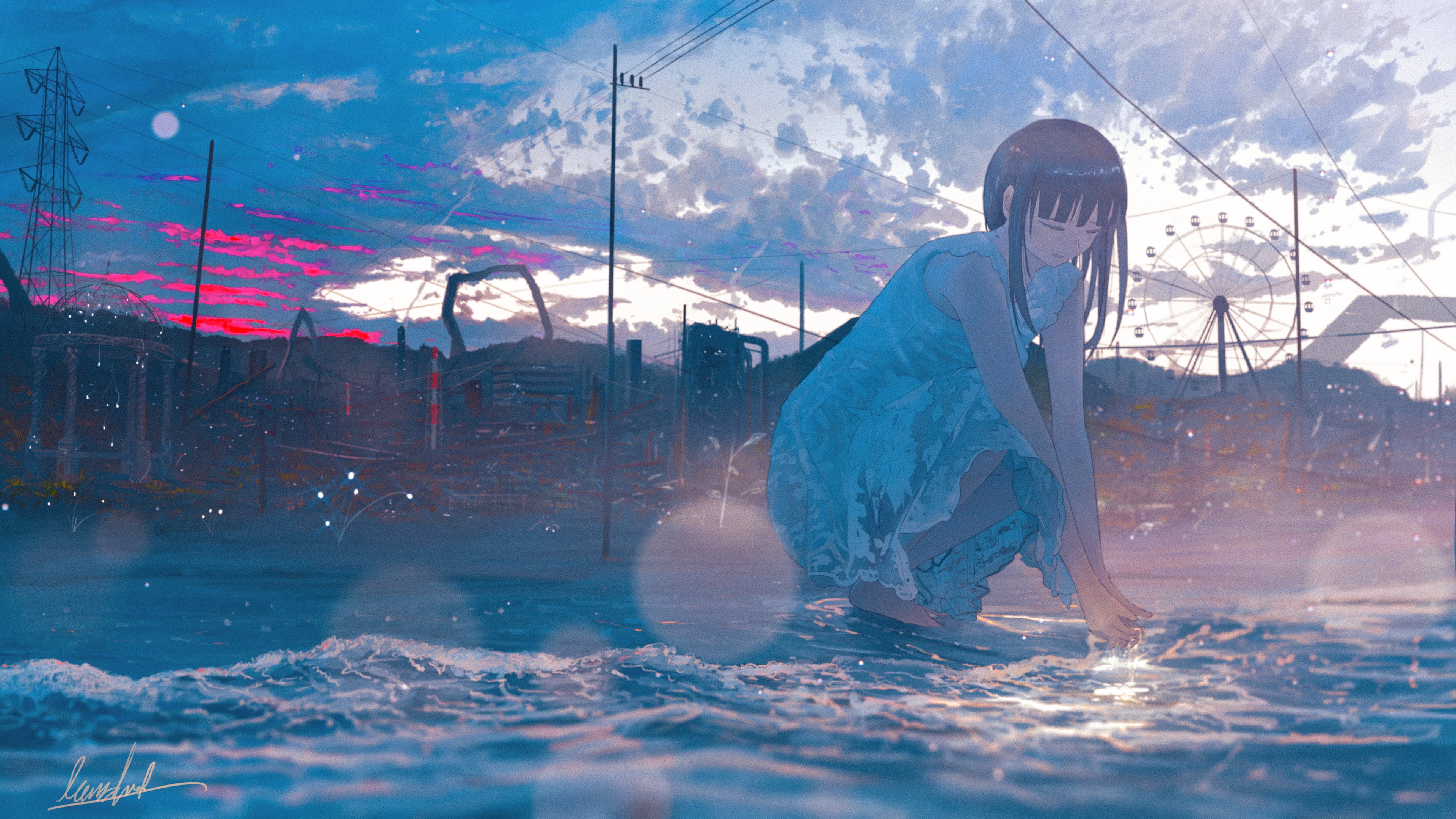 original characters, anime, sea, beach, moescape, clouds, 4K, anime girls, ferris wheel, HD Wallpaper