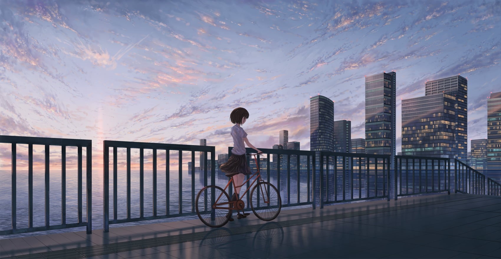 bicycle, dark hair, city, anime girls, anime, original characters, clouds, 720P, short hair, sky, moescape, HD Wallpaper