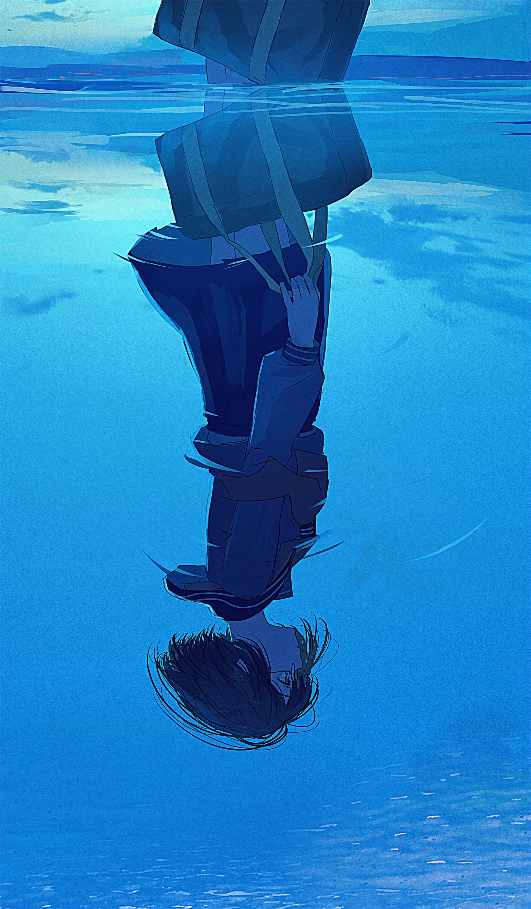 school uniform, underwater, short hair, portrait, anime, anime girls, moescape, 2K, Phone HD Wallpaper