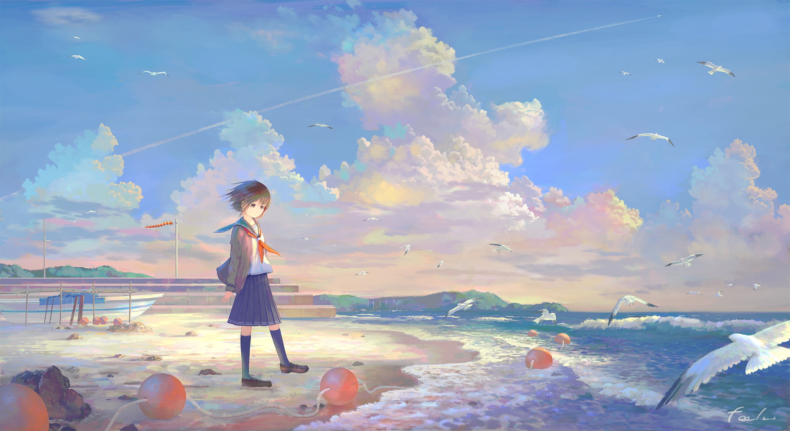 moescape, beach, clouds, school uniform, landscape, 2K, original characters, sky, anime girls, shore, HD Wallpaper