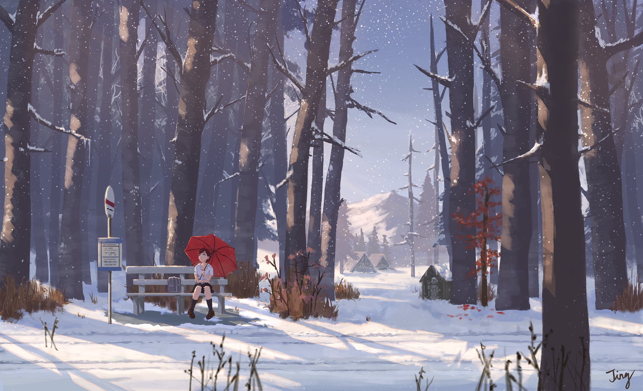school uniform, 1080P, anime girls, umbrella, moescape, snow, forest, landscape, original characters, HD Wallpaper